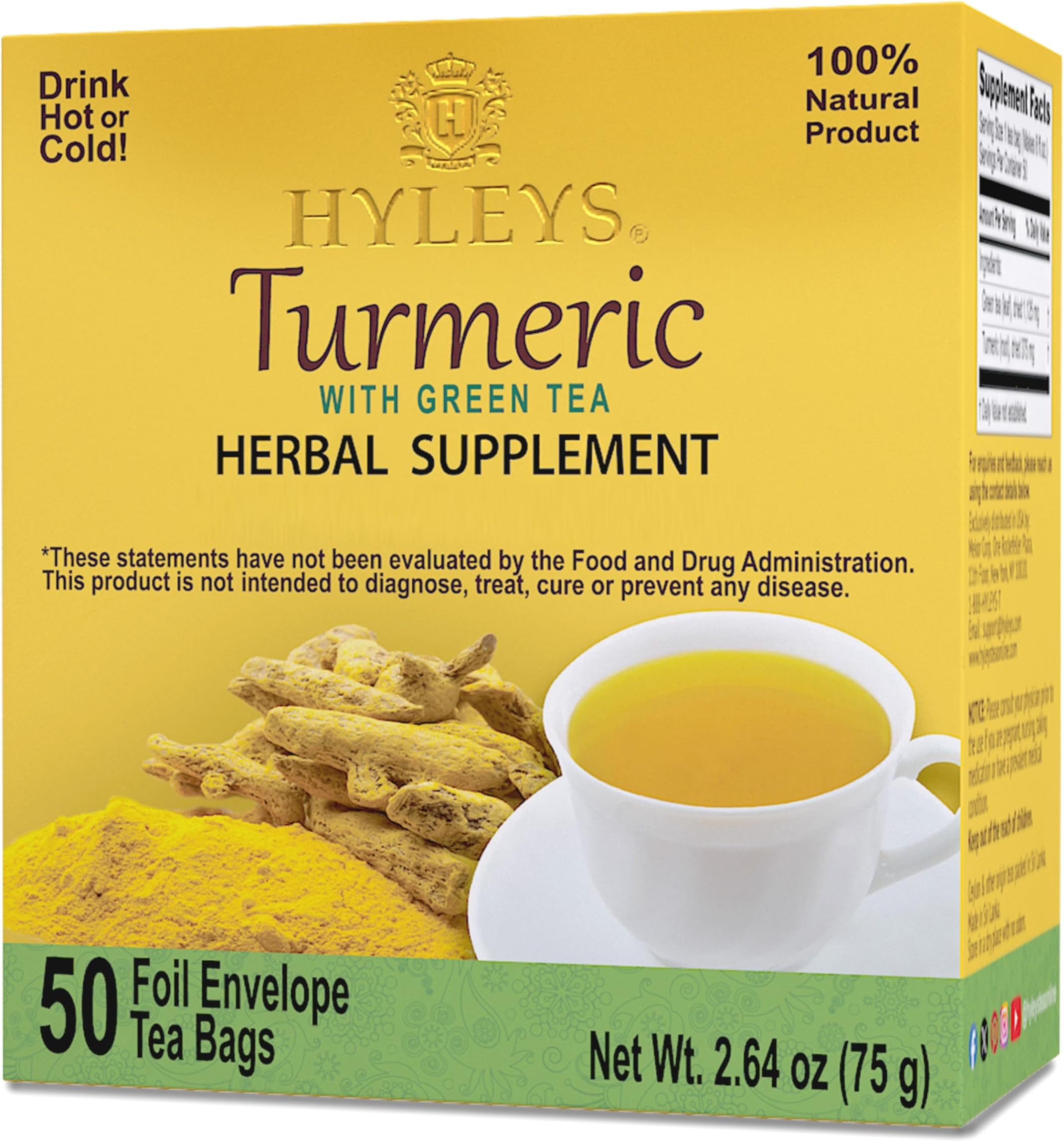 Hyleys Turmeric Green Tea - Green Tea with Turmeric Root - Herbal Tea Bags - 50 Individually Wrapped Tea Bags