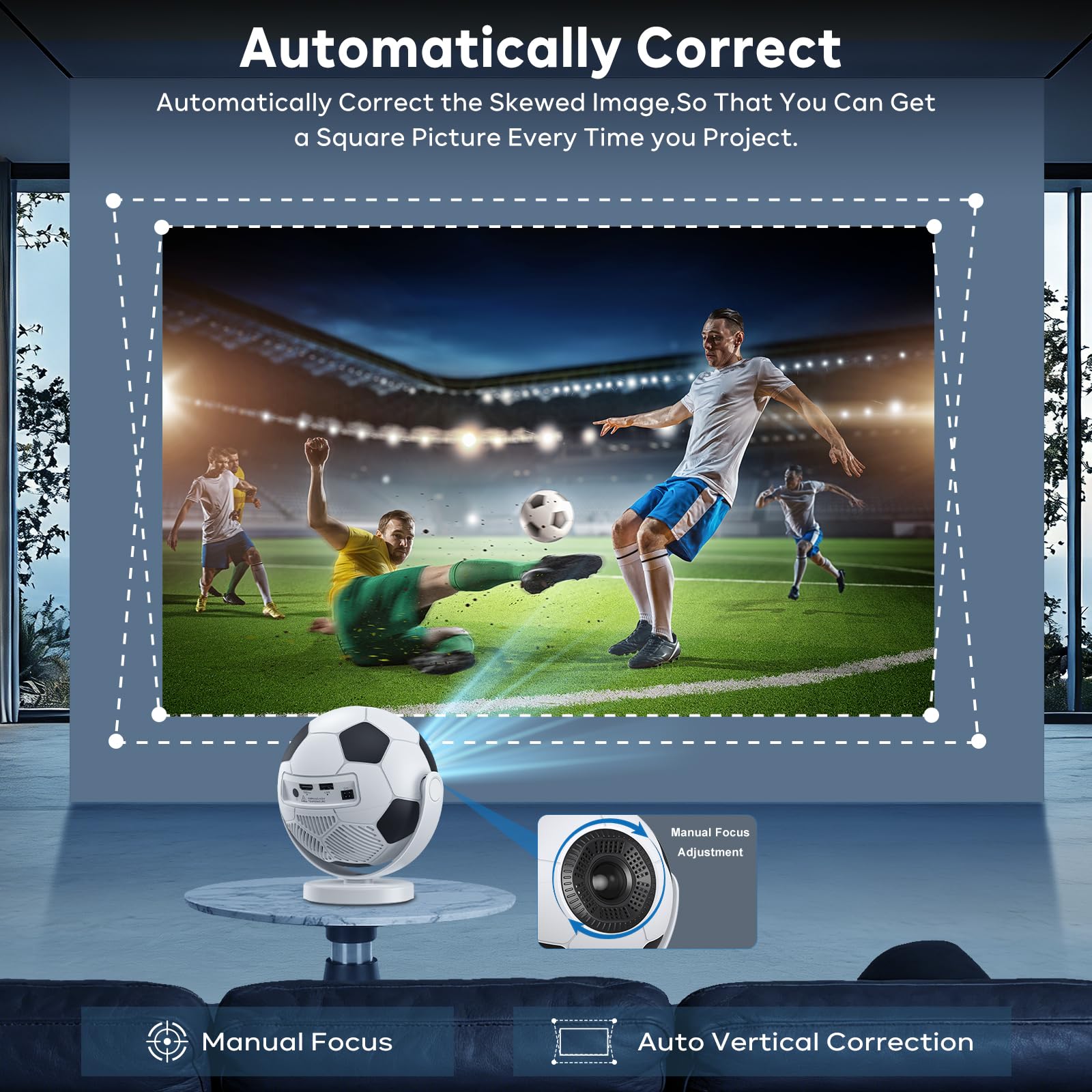 [Proiettore di Calcio] Mini Proiettore Portatile con WiFi 6 Bluetooth 5.4,Android 14, Support 4K,Auto Keystone,Rotabile 180°. Videoproiettore Compatibile con iOS/Android/PC