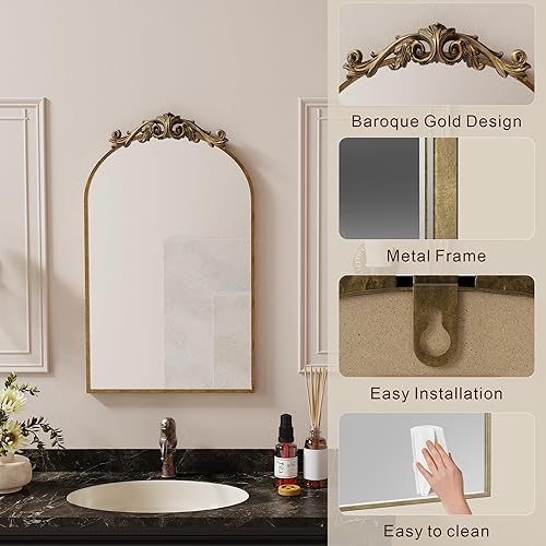 Miniatura 6 de Espejo de bronce antiguo, espejo de baño vintage dorado, espejo de tocador arqueado para montar en la pared o inclinarse, 20 x 34 pulgadas