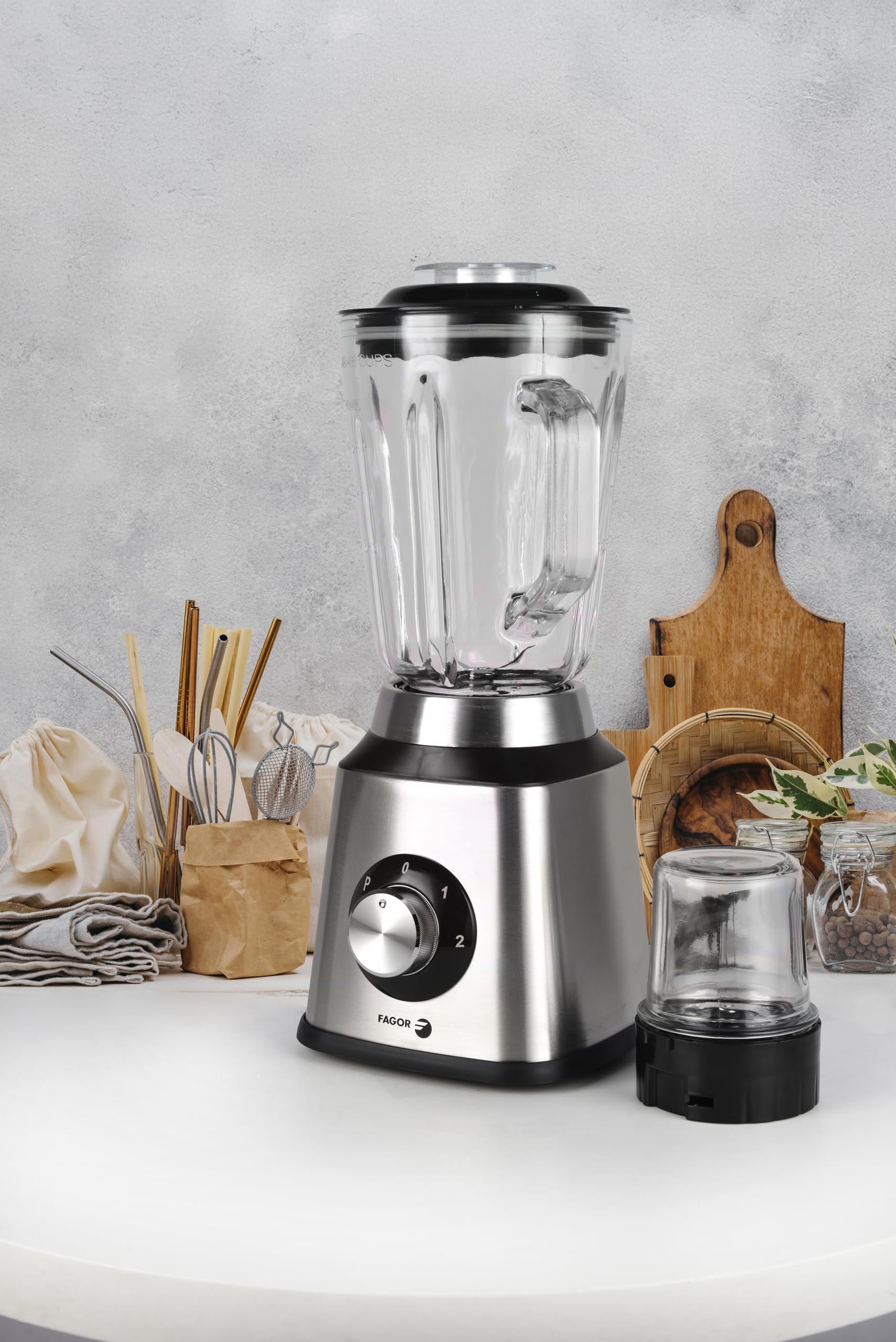 Batidora de Vaso 1,5L con Jarra de Cristal, Batidora Smoothies y Batidos, 2 Velocidades + Pulse, Cuchillas Acero Inoxidable, Blender para Fruta, Cremas y Salsas, Fácil Limpieza, FAGOR Coolmix One.