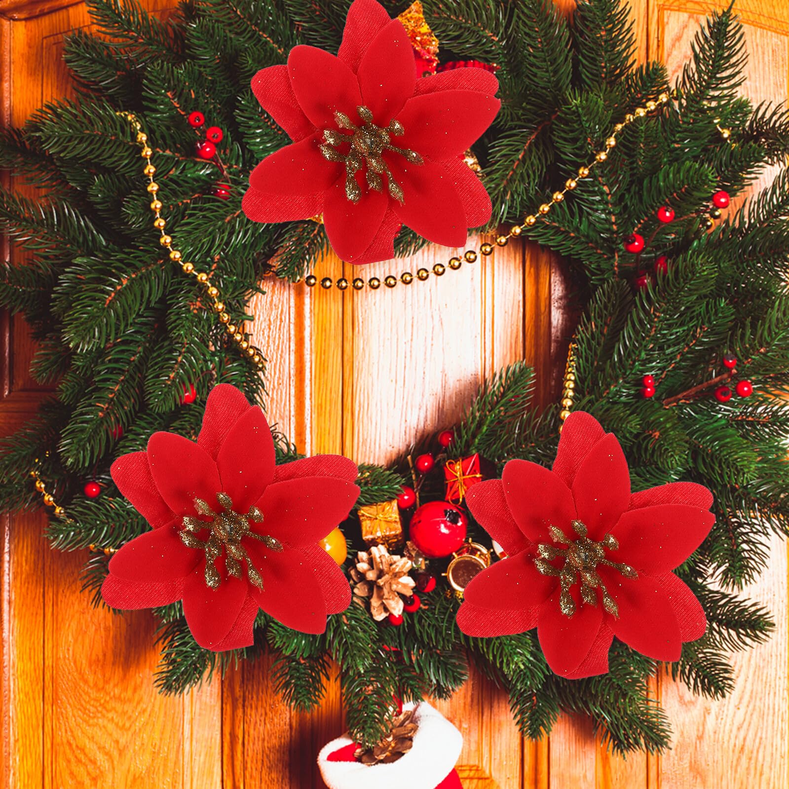 Lot de 10 Fleurs Artificielles de Noël Rouges 6 CM Décorations Festives pour Guirlandes Sapin et Compositions de Fête