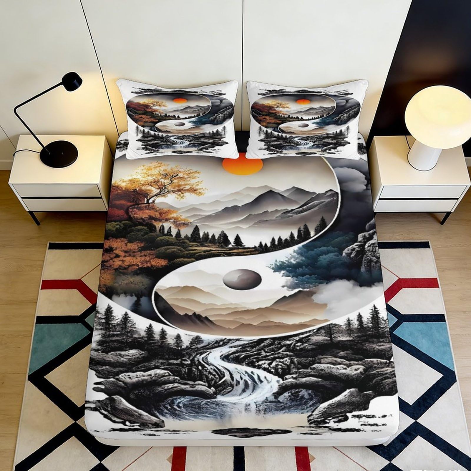 3D Printed Yin Yang Landscape Fitted Sheet Microfiber Soft Breathable Mountain River Bed Cover for Bedroom Dorm Mattress Protection Decor 140x200x25cm