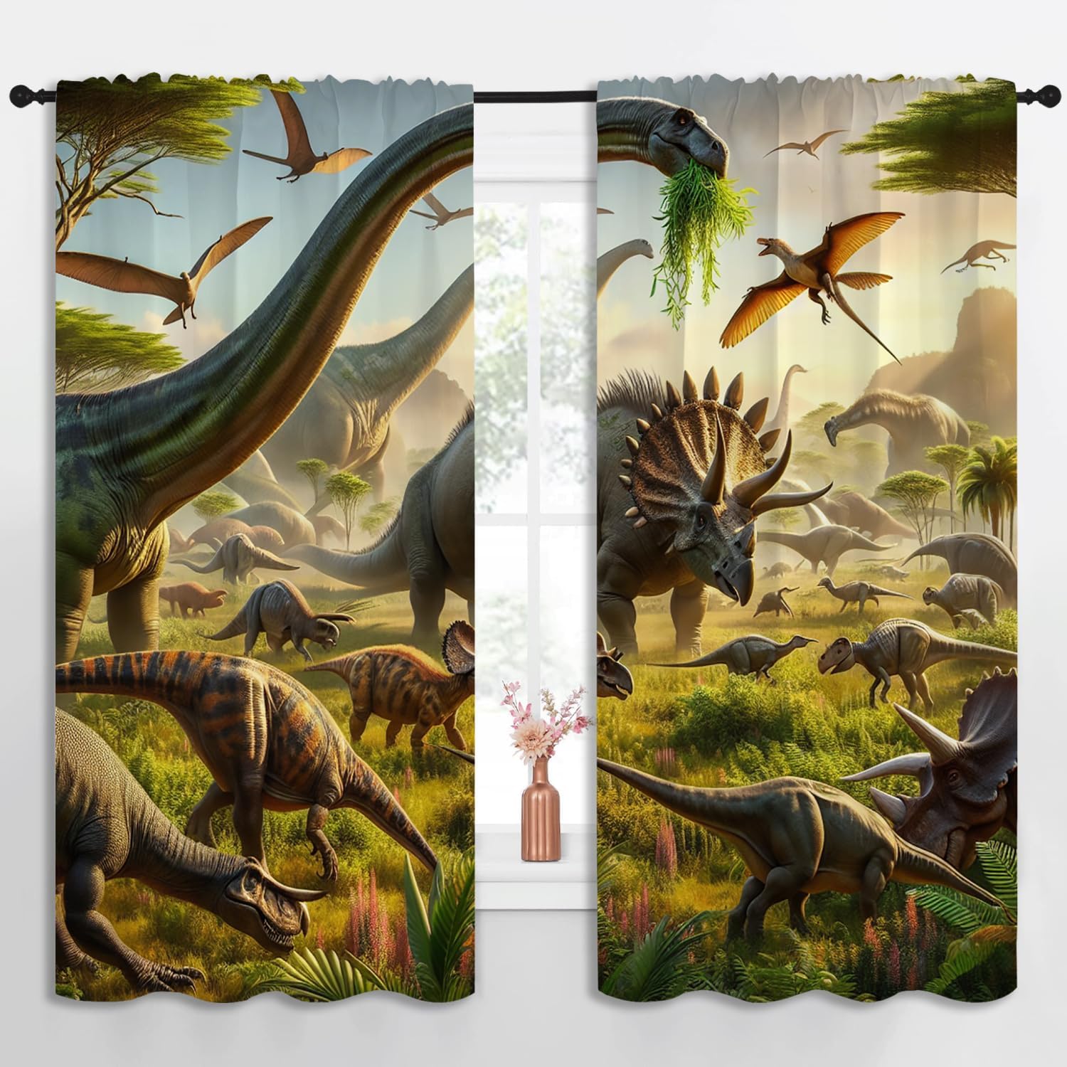 3D Dinosaur Boy Girls Blackout Curtains,Jurassic Primeval Wildlife Animal Dino Group, 2 Panel Rod Pocket Thermal Insulated Drapes for Bedroom, Living, Kids Room Deco 55x63 inch