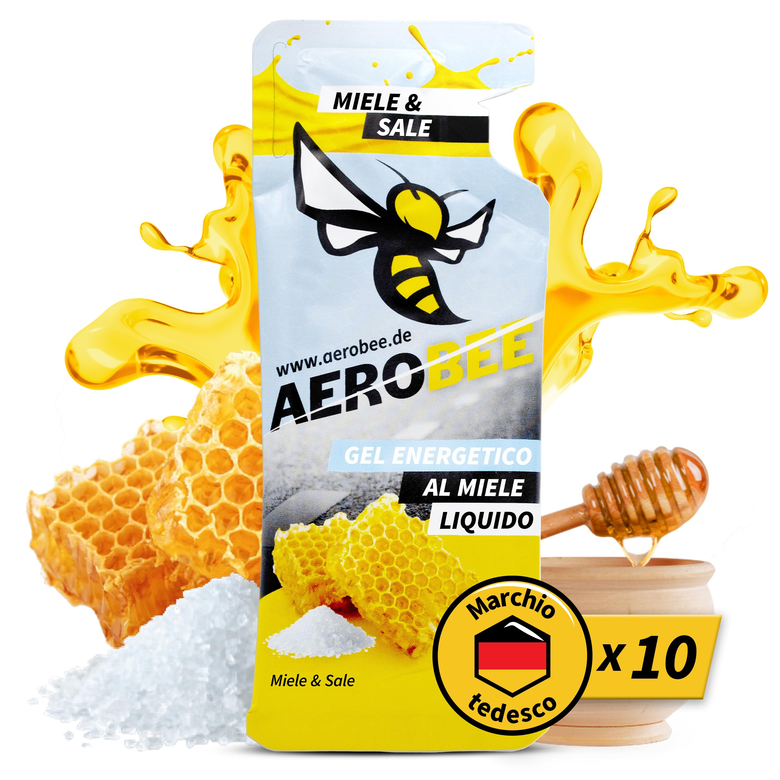 AEROBEE Gel energetico liquido - Miele & Sale 10x26g [100% energetico naturale al miele] delizioso gel sportivo adatto per sport di resistenza e corsa, con carboidrati