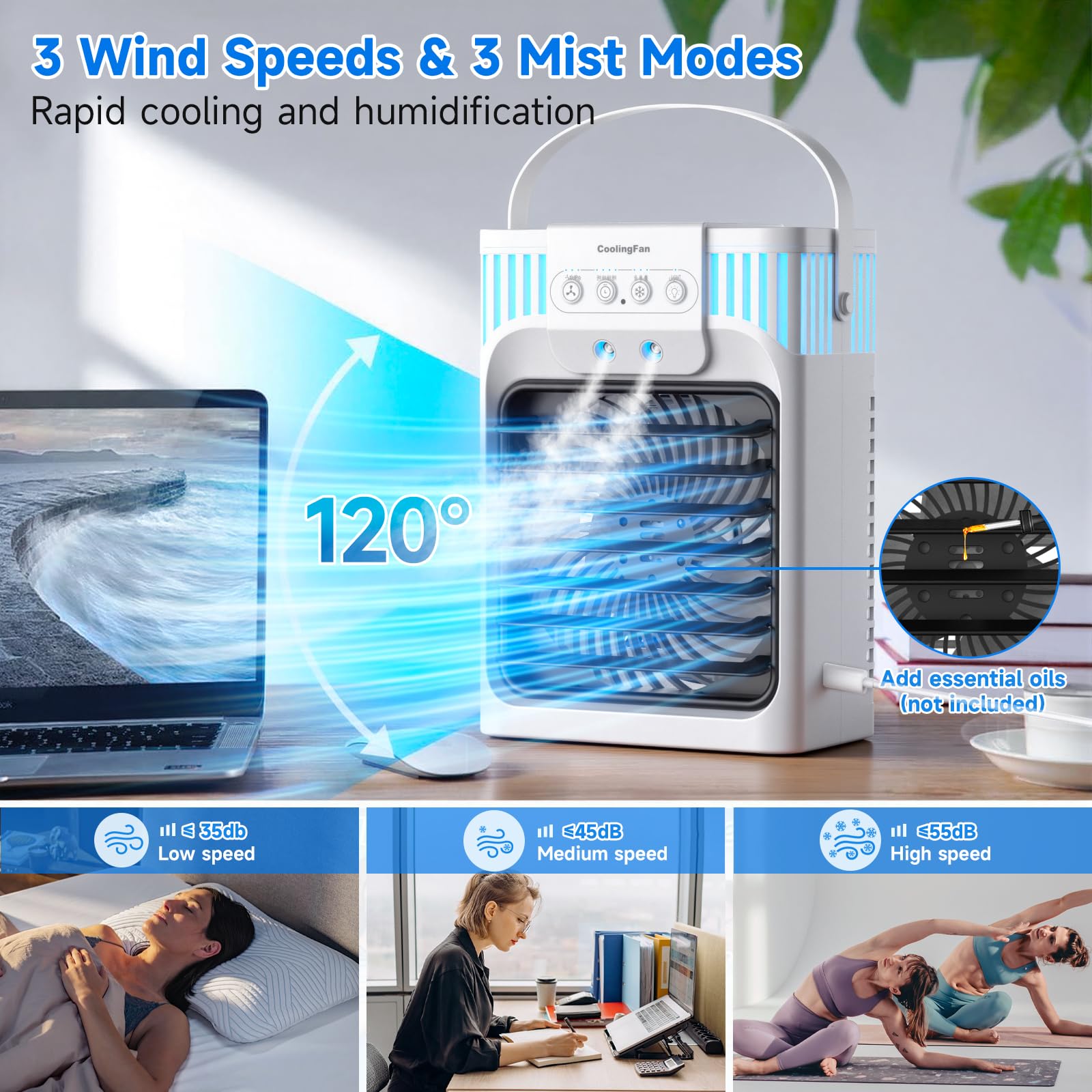 1200ml Aire Acondicionado Portatil con Mando, 5 en 1 Mini Aire Acondicionado, 3 Velocidades, 3 Modos de Nebulización, Luz de 7 Colores, Temporizador de 2-8H, Enfriador de Aire Portátil Interior — view 5