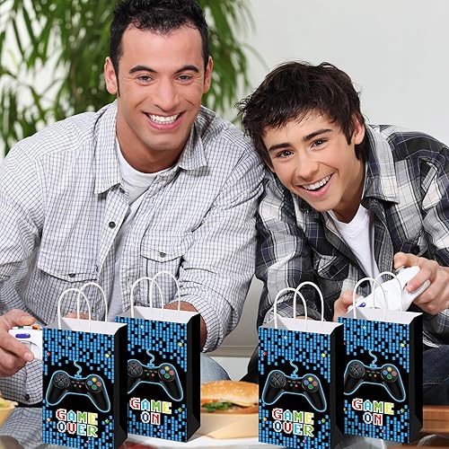 Miniatura 5 de Faccito 24 bolsas de regalo de fiesta de videojuegos, bolsas de dulces de cumpleaños, bolsas de golosinas, decoraciones de fiesta azules con asas