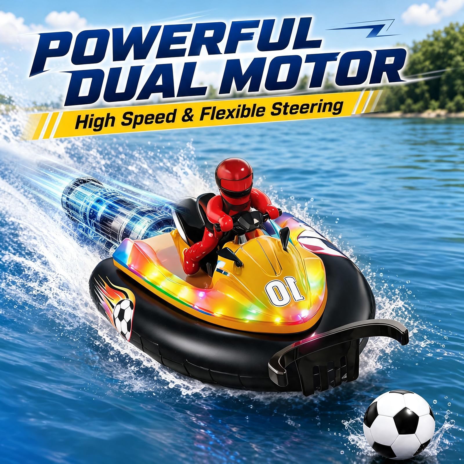 Barca radiocomandata con luce LED, 2,4 GHz, barca a motore telecomandata con pallone da calcio e acqua spruzzata, adatta per piscine e laghi, barca radiocomandata, giocattolo per bambini