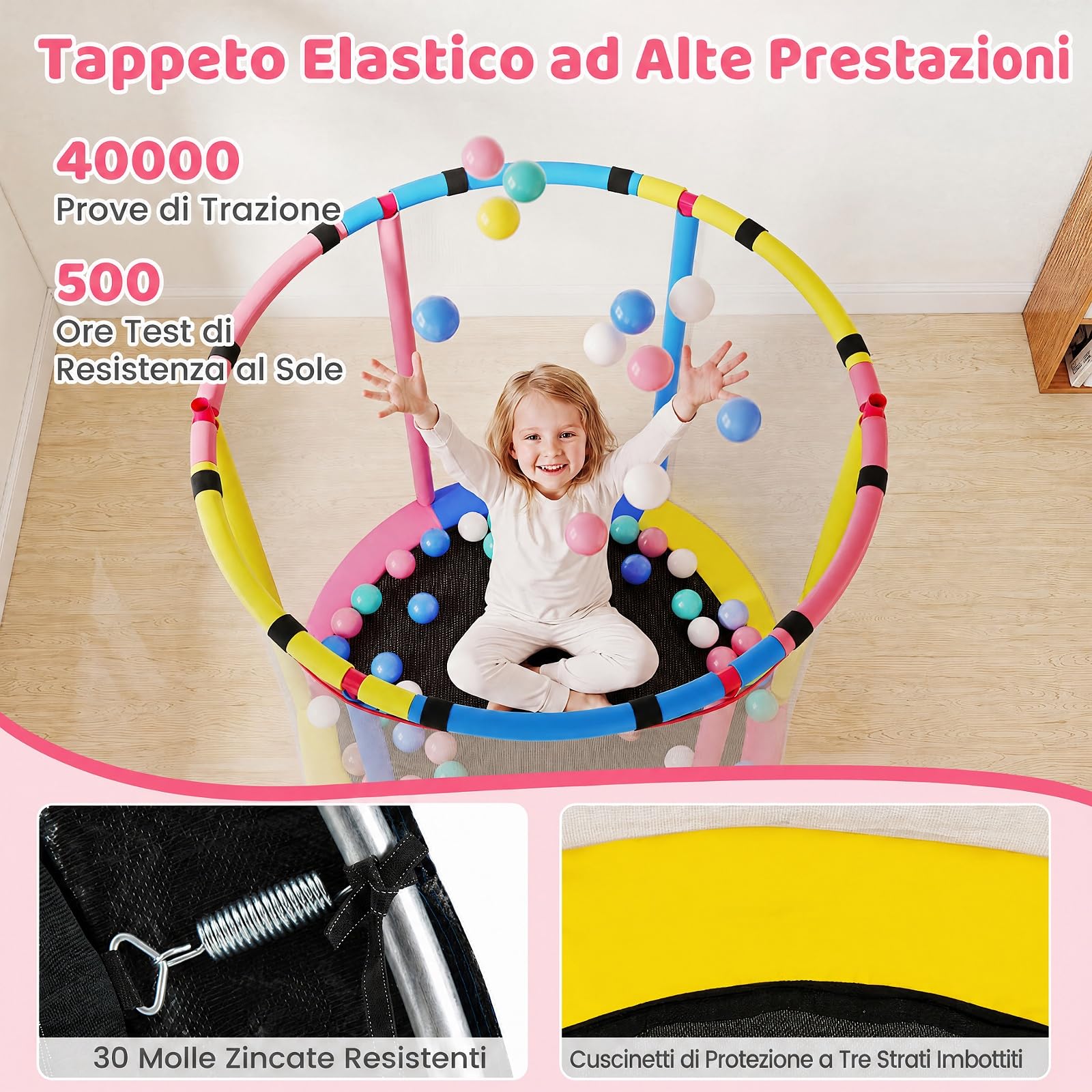 COSTWAY 6 in 1 Trampolino Bambini Interno ed Esterno | Tappetino Elastico con Altalena, Bersaglio, Barra e Anelli da Ginnastica, Canestro da Basket e Rete di Sicurezza, 3+ Anni