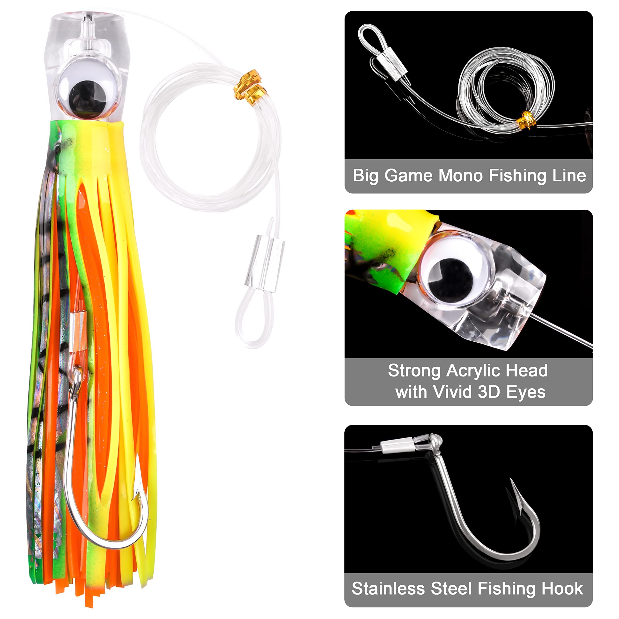 Leurres de Pêche à la Traîne Leurres de Pêche en Eau Salée, 5Pièces Offshore Big Game Leurres pour Mahi Tuna Marlin Dolphin Wahoo en Haute Mer Octopus Squid Skirts Rigged Hooks