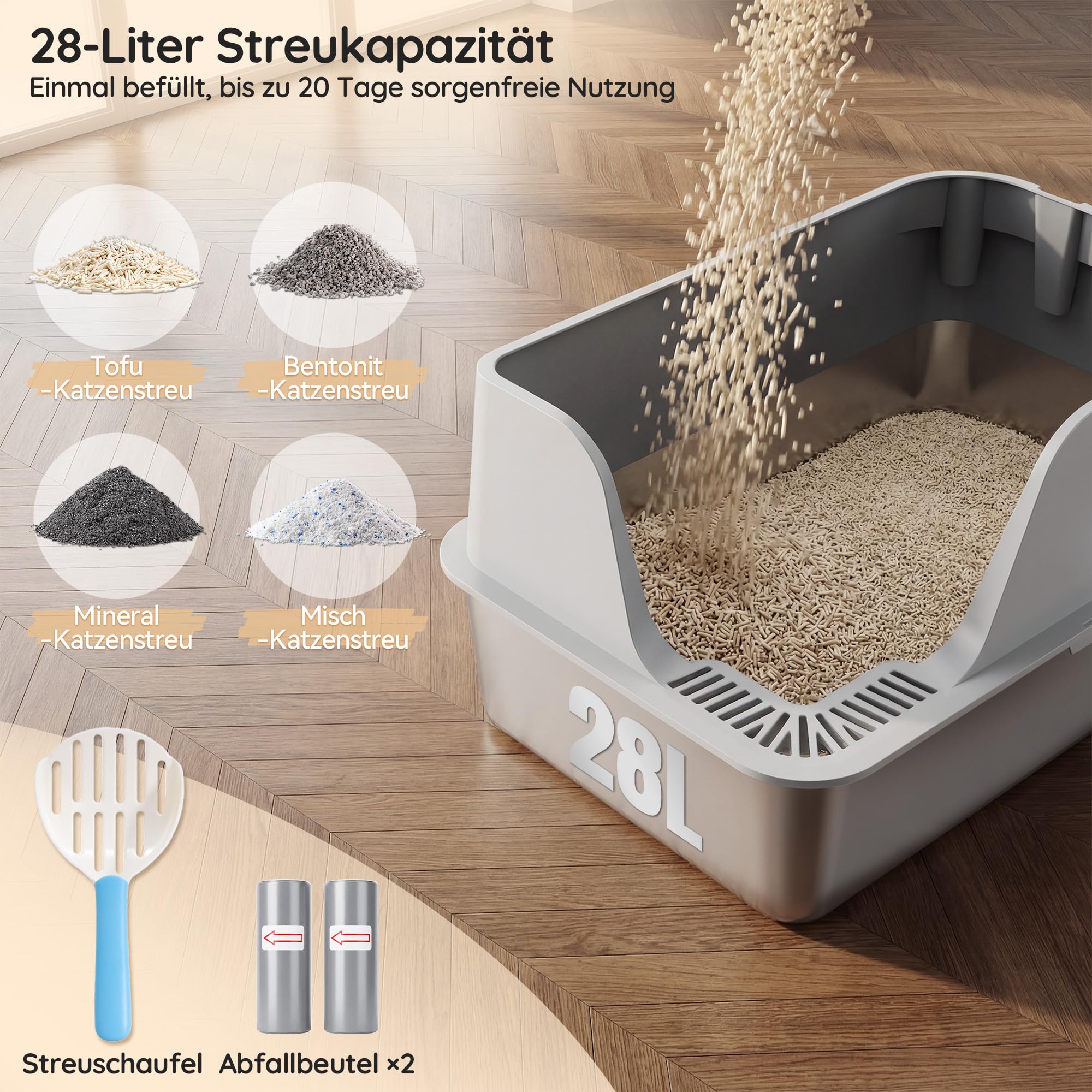 JUMMICO Katzenklo Edelstahl, XXL Katzentoilette aus Edelstahl, Katzenklo mit Schaufel und Matte, erhöhtem Rand, offen, leicht zu reinigen