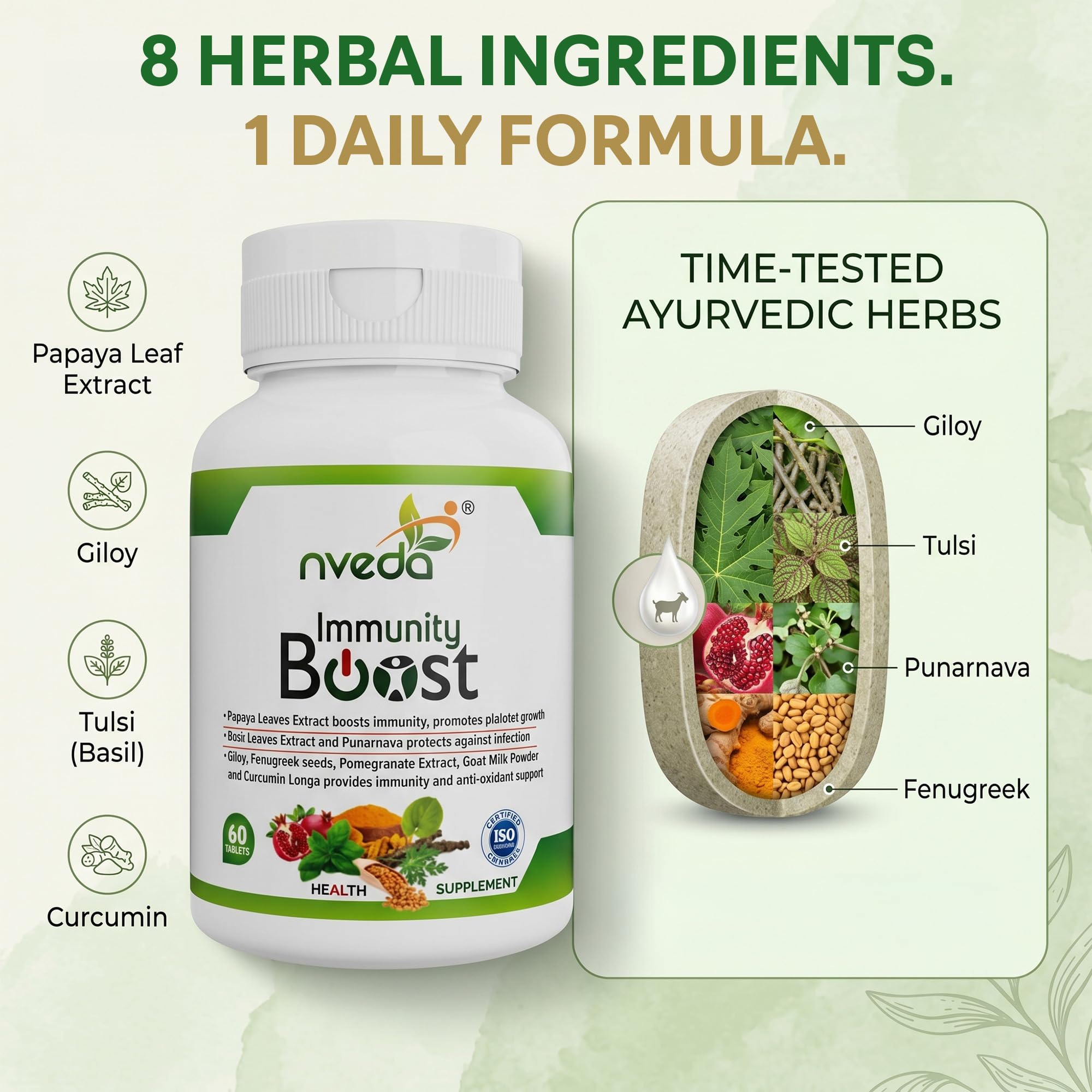 Nveda Immunity Booster Tablets for Men & Women | Papaya Leaf Extract, Giloy, Fenugreek & Curcumin | Immune Support Supplement for Immunity, Wellness & Daily Health | Herbal Immunity Booster Tablets | 60 Tablets 1