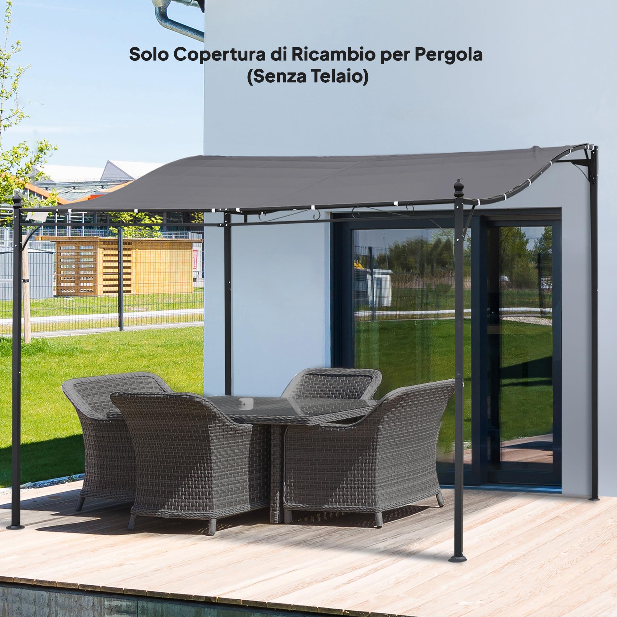 Outsunny Lona de Recambio para pérgola de jardín 3x3 m con 16 Agujeros de Drenaje, Ganchos y Anillas, Cubierta de poliéster para pérgola de cenador, Gris Oscuro