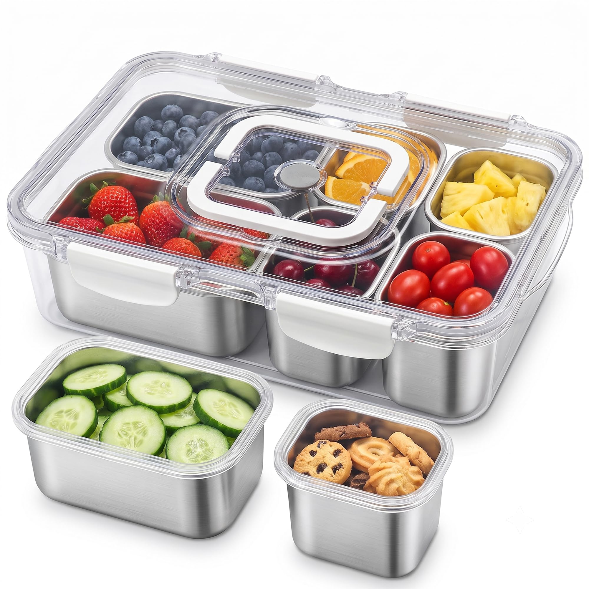 Photo 1 of **Only the large container**** Koocovel 6-Compartment 304 Stainless Steel Snackle Box with Lid & Handle, Divided Serving Tray for Fruit, Veggie, Candy, Nuts – Portable Snack Container for Travel, Picnic, Beach, Party