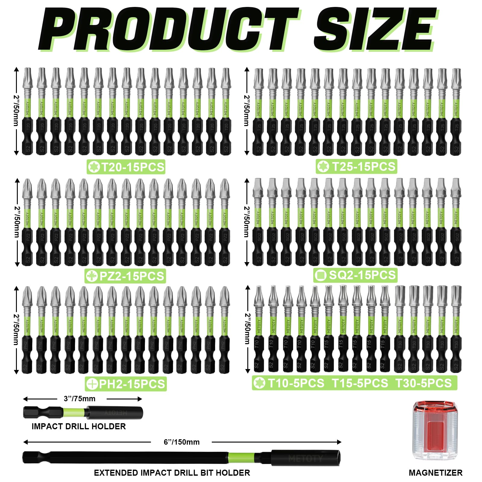 Set di punte per cacciavite a percussione con funzione magnetica, 93 pezzi, include punte da 2" (PH2, PZ2, SQ2, T10, T15, T20, T25, T30) con magnetizzatore e barra di estensione.