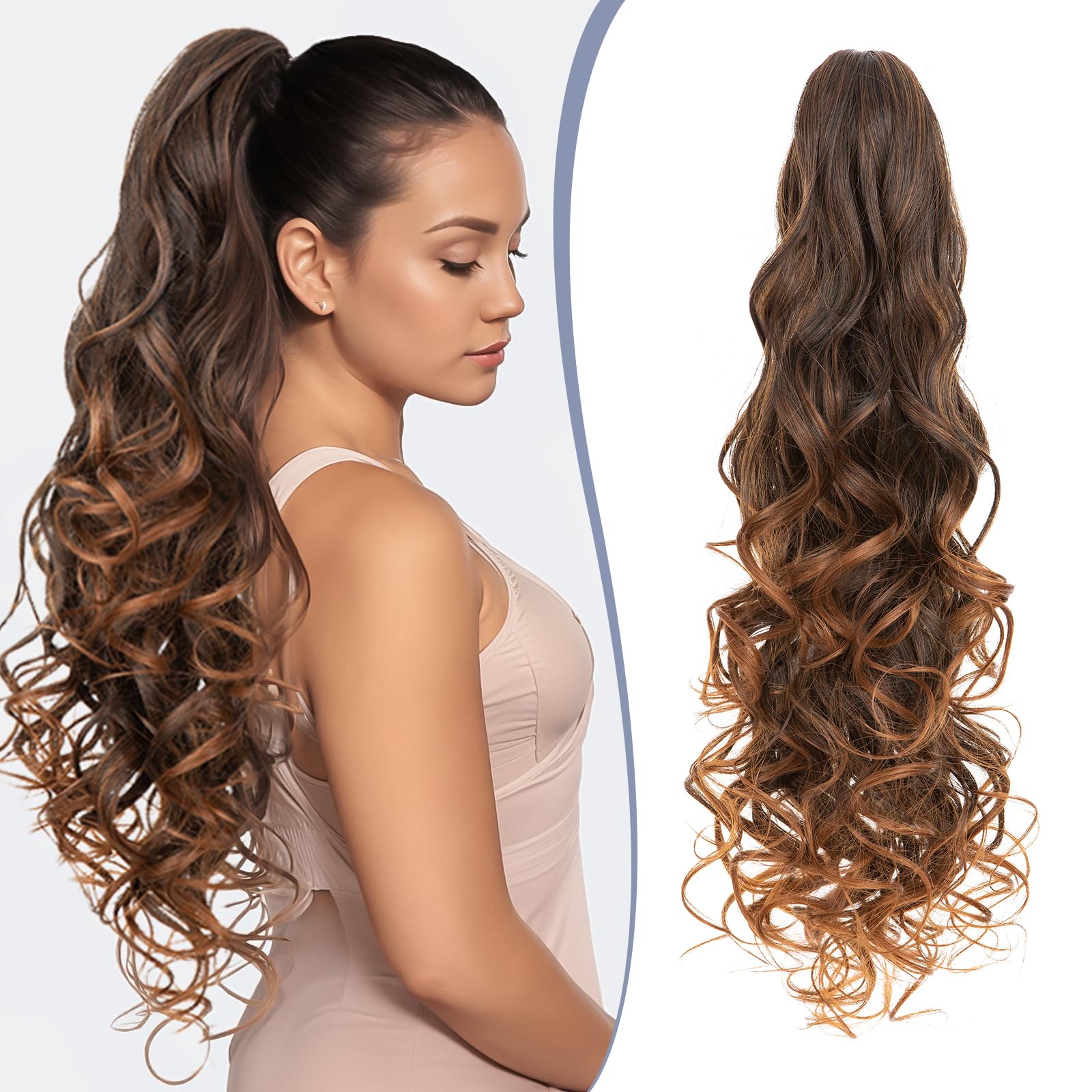 TESS 24'' Curly Ponytail Extensions, 210g Claw in Long Ponytail Extension, Hair Pieces for Women Auburn to Light Auburn