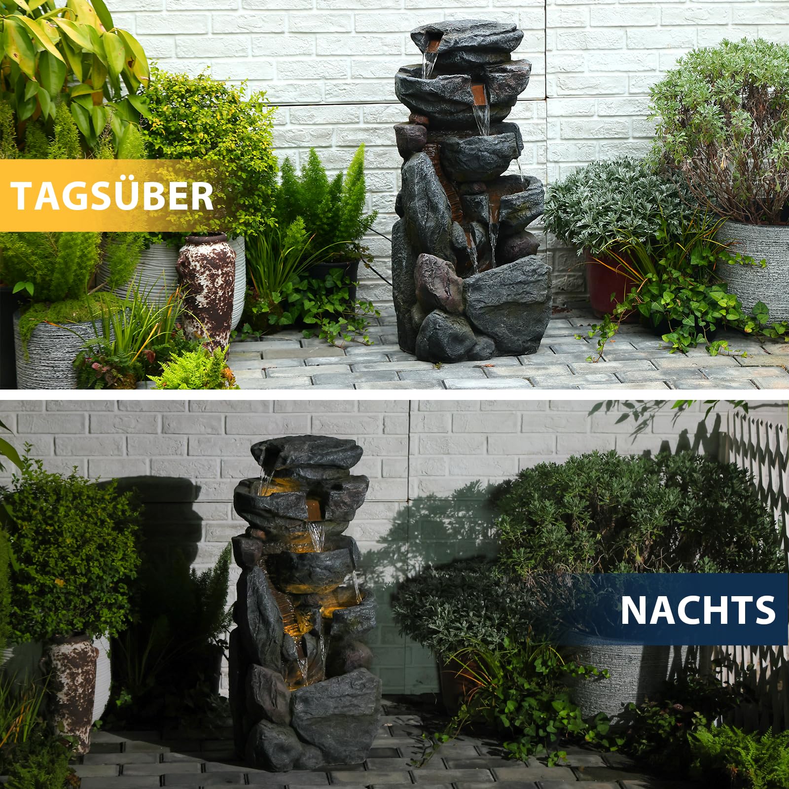 Bumilgar 5-stufiger Felsen-Springbrunnen für Innen- & Außenbereich, 80 cm hoher freistehender Garten-Brunnen mit Beleuchtung, Stein-Wasserfall für Terrasse, Balkon, Veranda, Wohnkultur, Grau