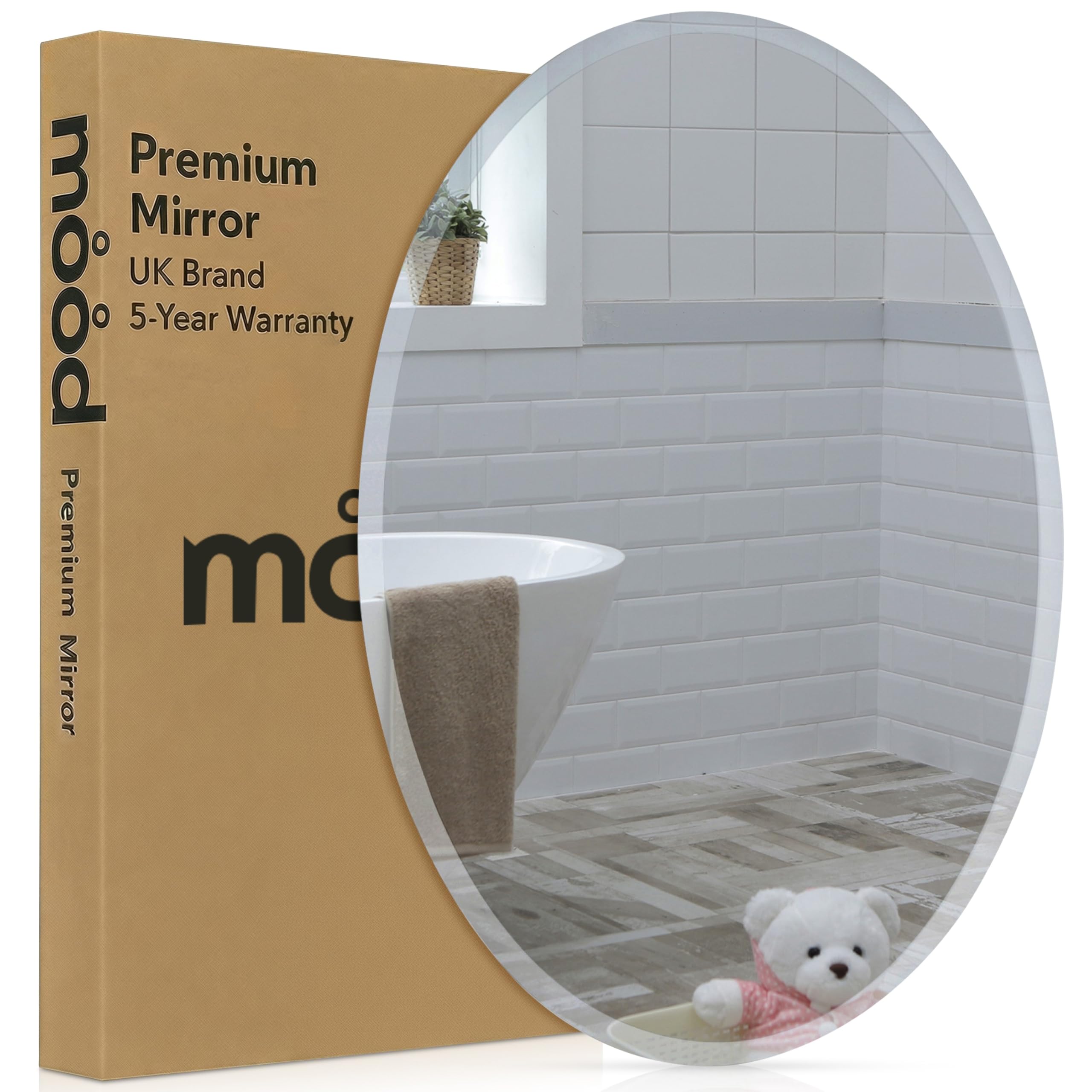 Neue Design Frameless Mood® Premium Oval Bathroom Mirror, Anti-Rust Wall Mounted Bevelled Mirrors, Hangs Both Ways, Toilet Bedroom Hallway, (50Cm X 40Cm)