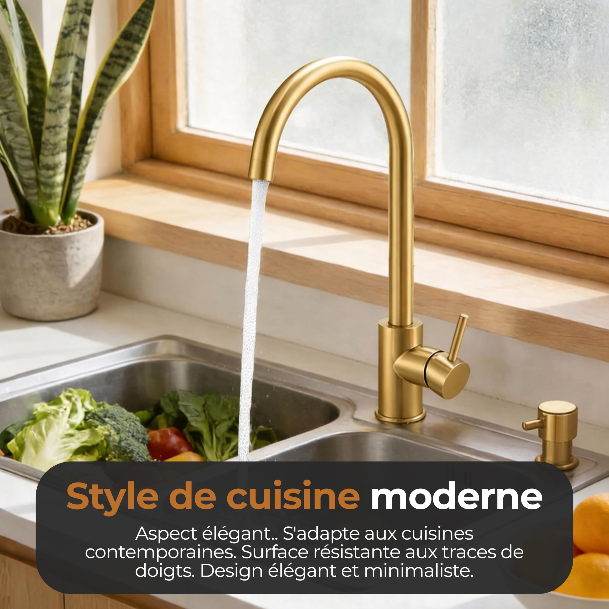 MELTA. Robinet Cuisine Pivotant 360° – Mitigeur Évier Arc Élevé en Acier Inoxydable, Robinet Cuisine avec Levier Unique, Robinet Évier Cuisine Moderne, Installation Facile (OR BROSSÉ) - 5