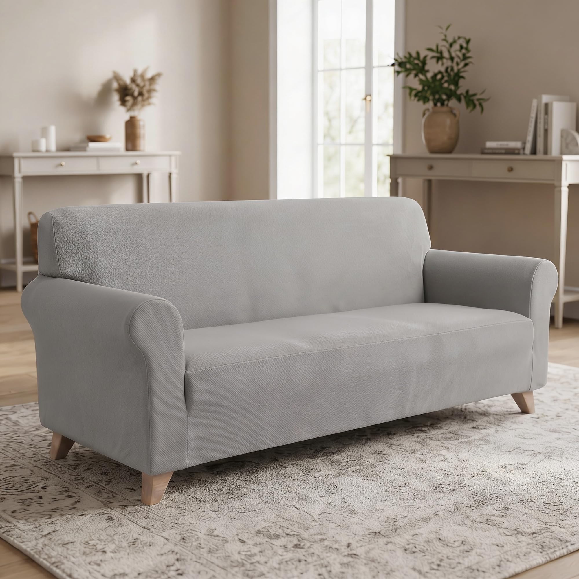 Italian Bed Linen Copridivano Elastico Dahlia – Proteggi Divano Elasticizzato 190–260 cm, 3 posti, Fodera Estensibile - Grigio Chiaro