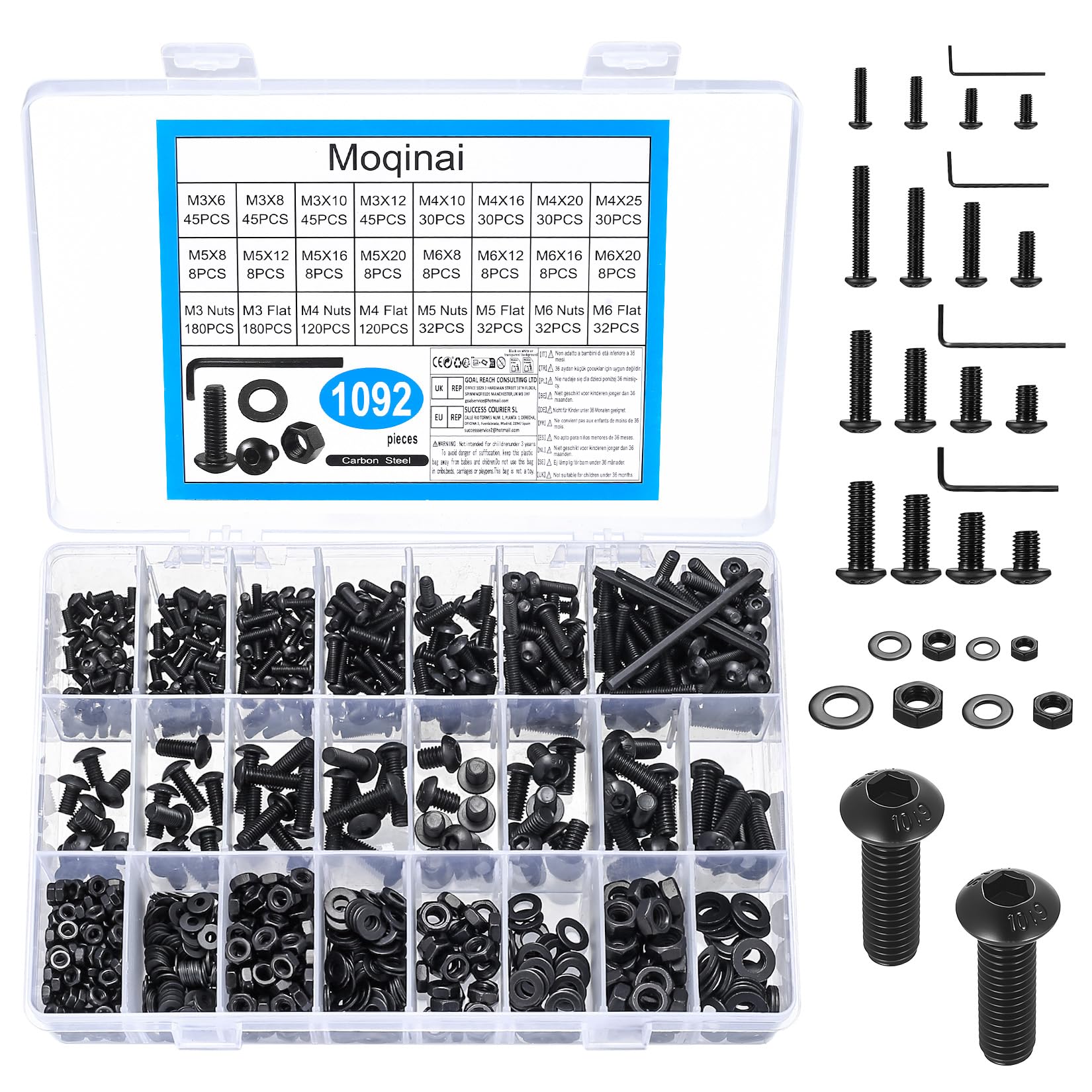 1092 Pcs M3 M4 M5 M6 Button Head Socket Screw Set, Black Carbon Steel Allen Bolts with Nuts & Washers, Metric Hex Socket Machine Screw Assortment Kit