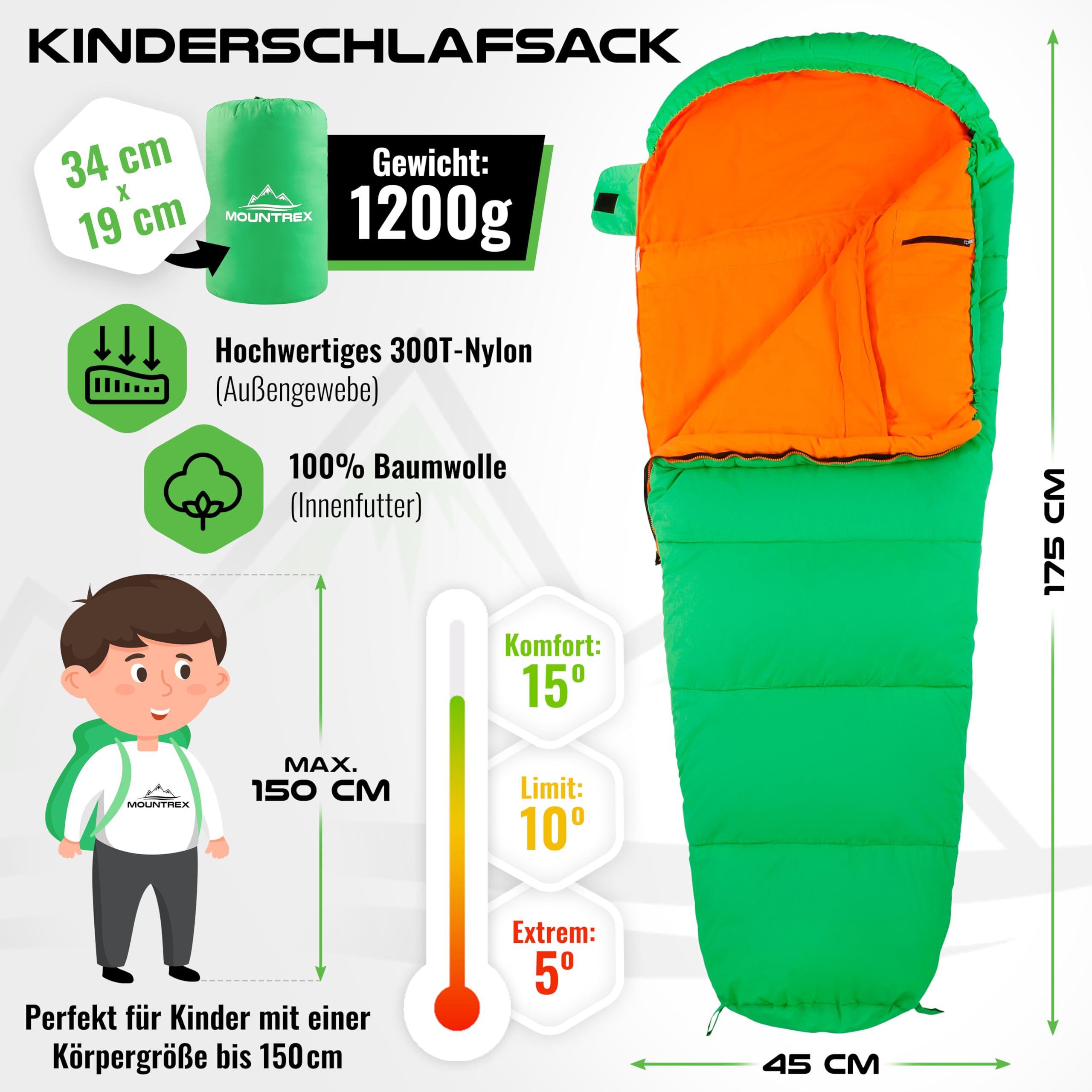 MOUNTREX Śpiwór dziecięcy – śpiwór dla dzieci, 100% bawełniana wyściółka wewnętrzna | Śpiwór typu mumia (175 × 70 cm), 5 do 15°C – lekki, mały rozmiar po spakowaniu i przenośny jak plecak