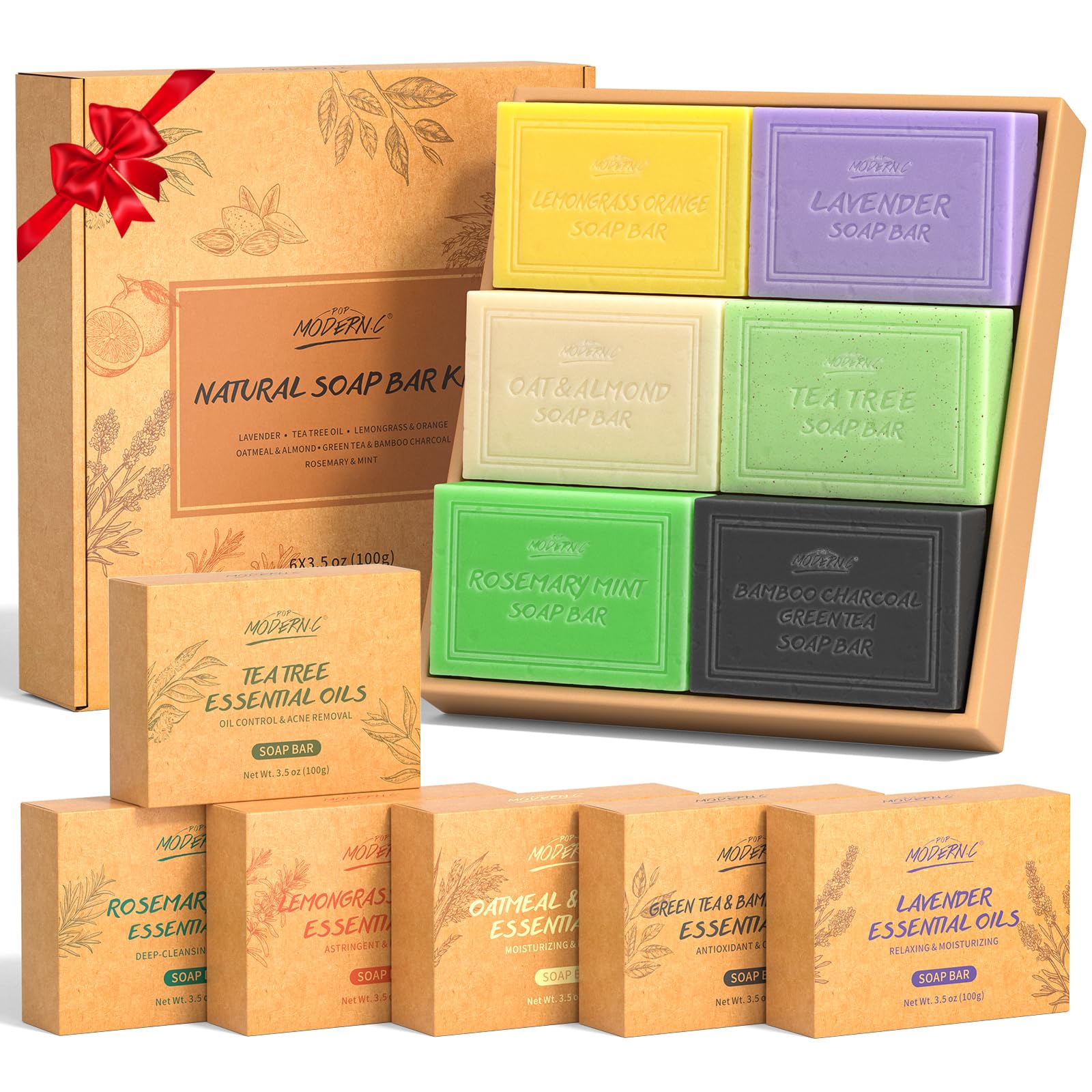 Natural Bar Soap Set for Men Women 6pcs Organic Soap with Plant Extracts for Body Face Hand Christmas Birthday Thanksgiving Mother's Day Gifts Tea