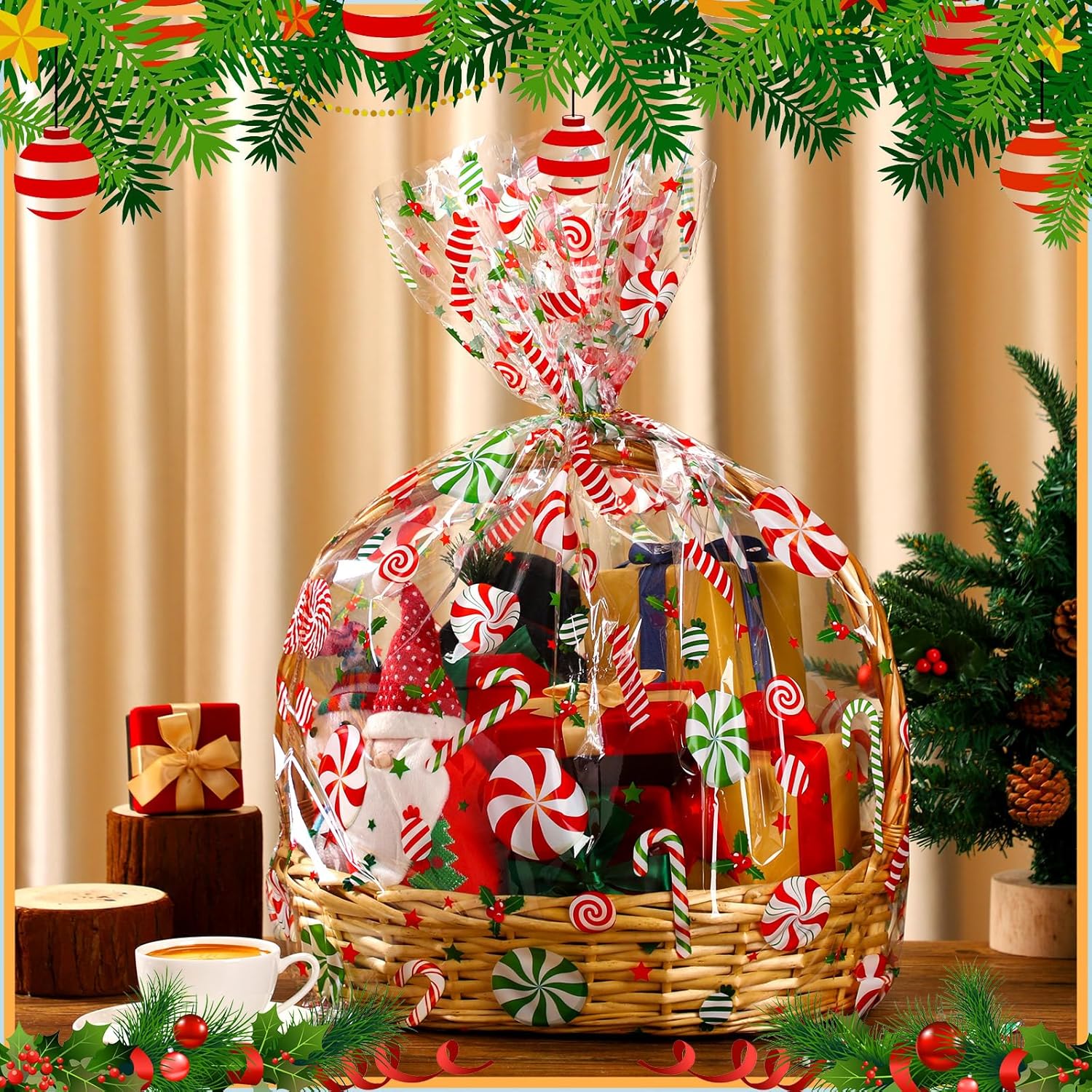 Yexiya 30 Pcs Christmas Cellophane Gift Bags 24" x 30" Holiday Gift Wrap Large Clear Basket Wrapping Plastic Christmas Candy Gingerbread Santa Claus Basket Bags Cookie Package(Candy) - Image 3