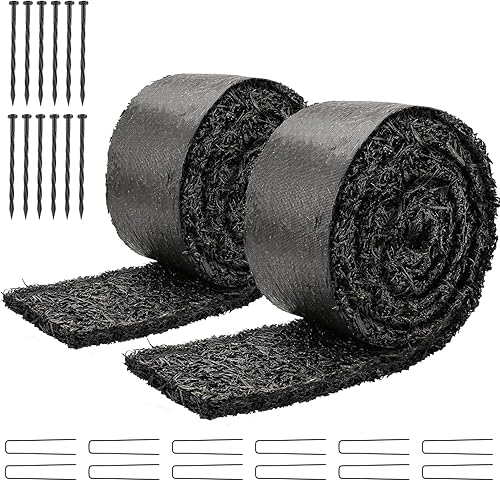Miniatura 9 de LukLoy Paquete de 2 mantillo de goma negra de 120 pulgadas de largo x 4.5 pulgadas de ancho para paisajismo con estacas de fijación, rollo de tapete