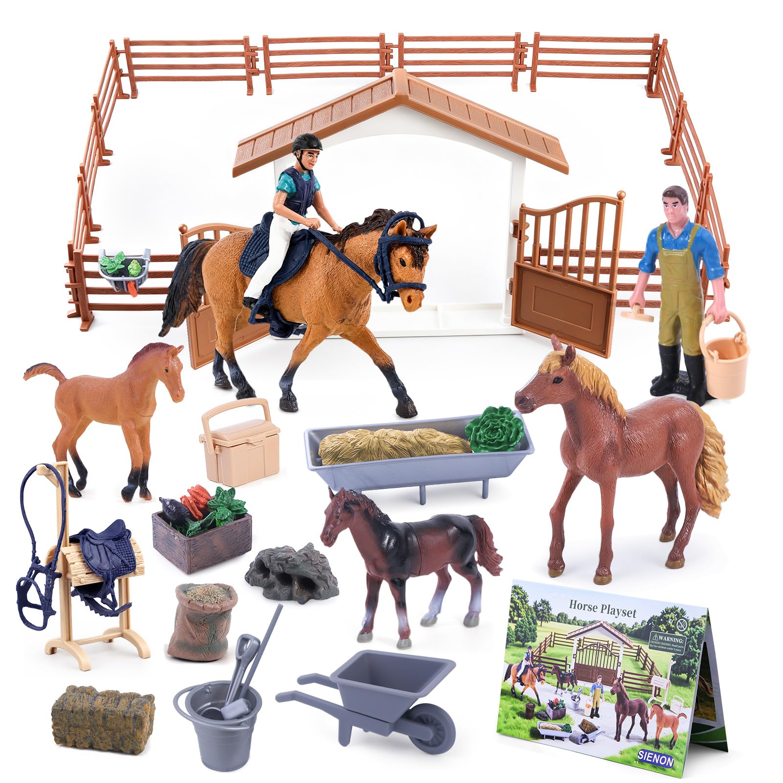 SIENON 43 PCS Horse Toys Set for Kids, Realistic Horse Stable Playset with Assorted Farm Accessories, 4 Horses, Rider & Farmer, Farm Animal Barn Toys Party Favors Cake Decorations for Girls Boys