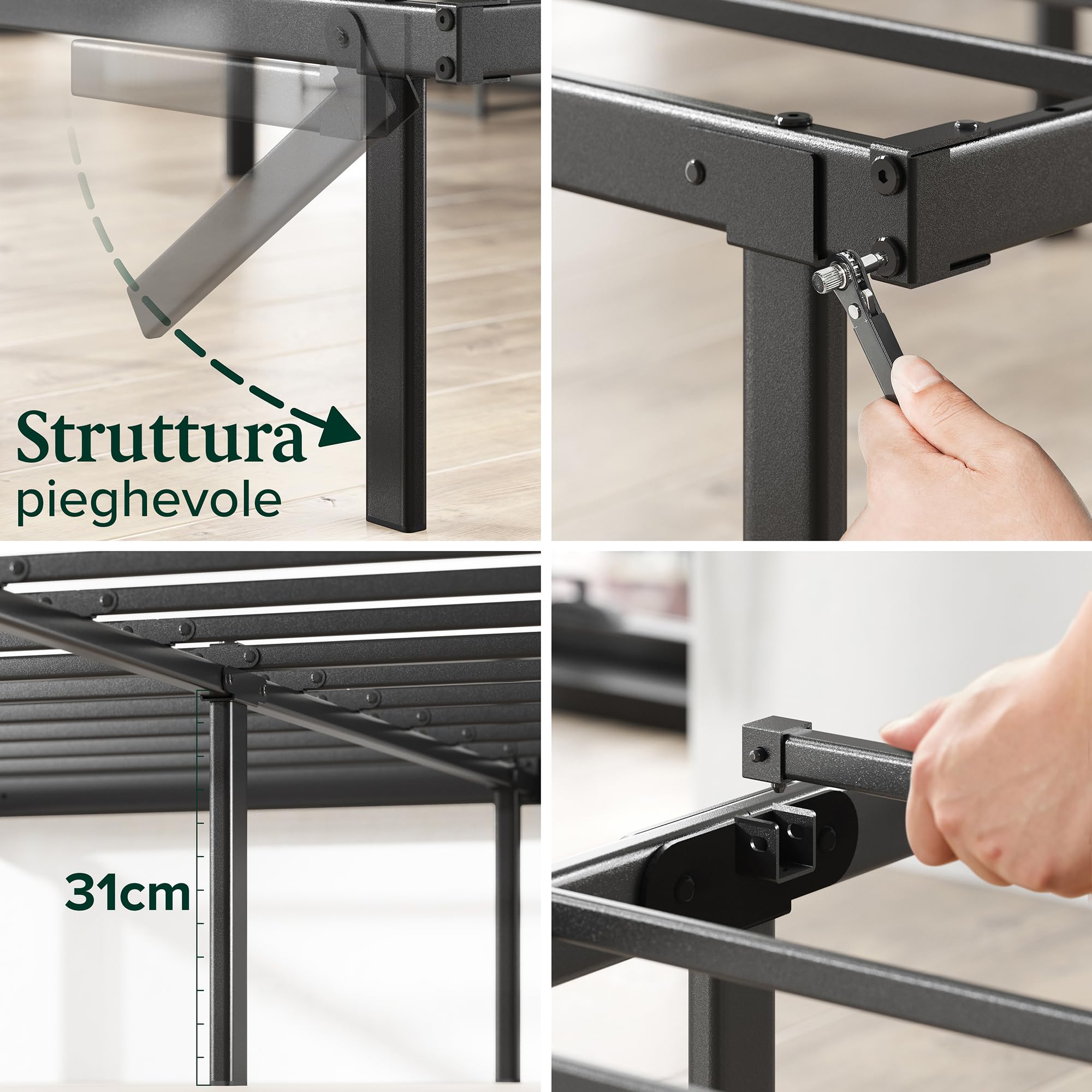 Zinus Caleb Rete Matrimoniale 160x190 cm - Struttura Letto con Doghe in Metallo Incluse - Altezza 36 cm con Spazio Sottostante - Facile da Montare - Nero