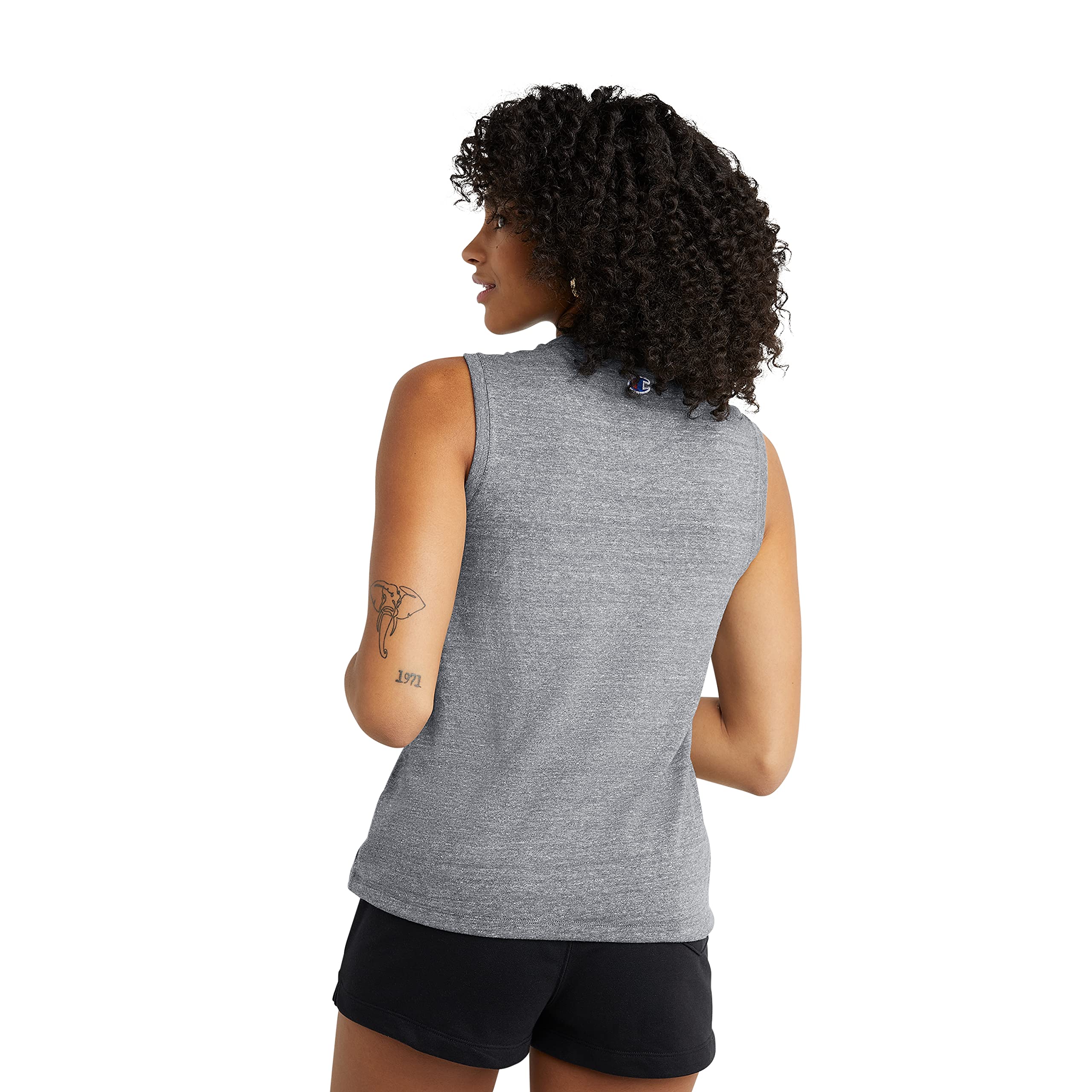 Champion womens Powerblend Muscle Tank, Left Chest Script T Shirt, Gun Smoke Pe Heather-586158, Medium US