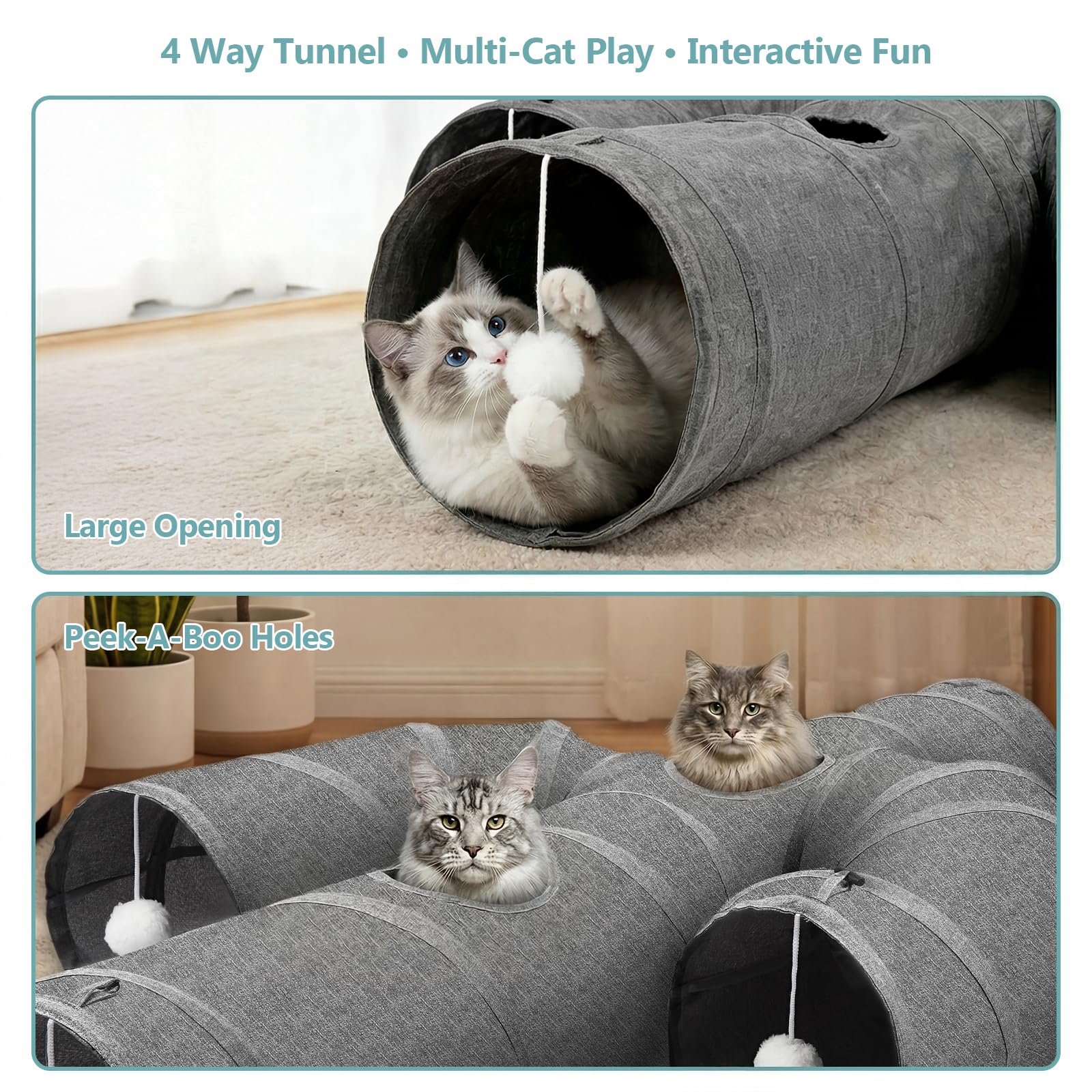 Ownpets Tunel dla kota, większy kształt kaktusa, tunel dla zwierząt domowych z wytrzymałą tkaniną Oxford, składany i odporny na rozerwanie, z wieloma wyjściami, wisząca piłka i zwisająca ściana