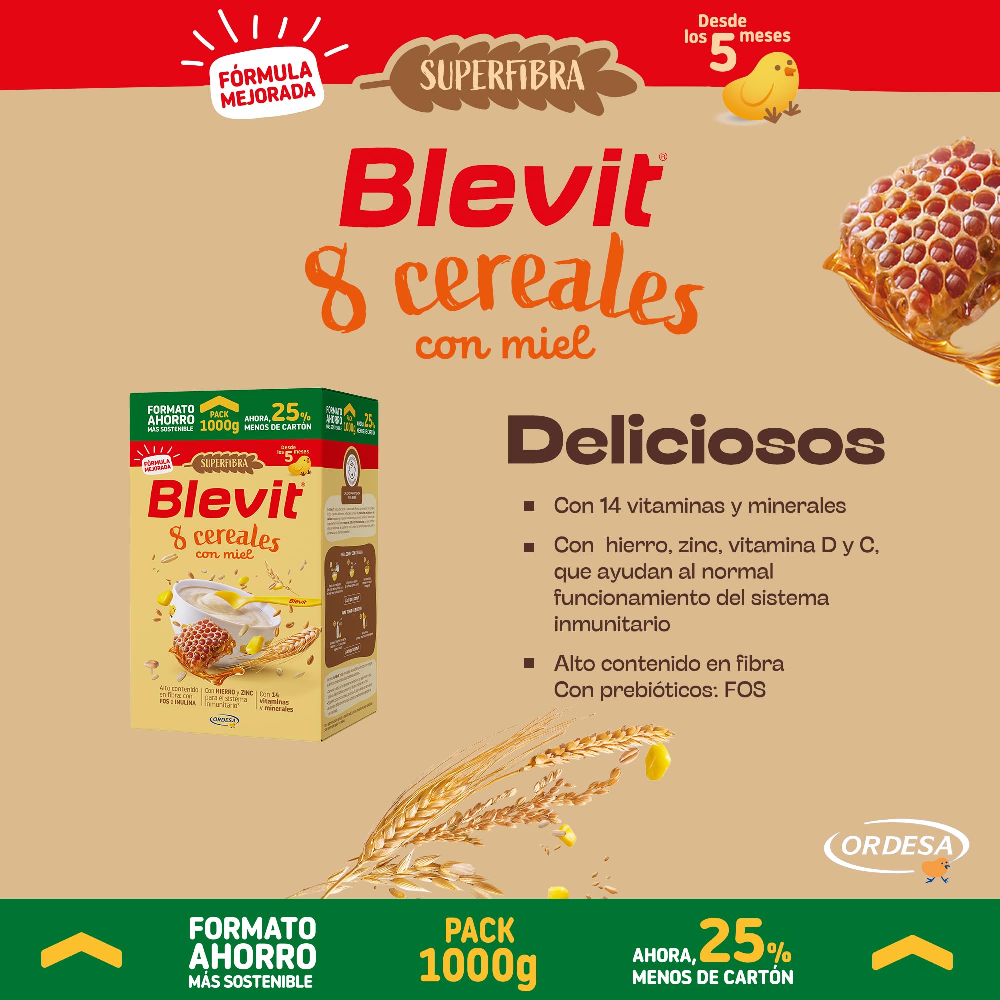 Blevit Superfibra 8 Cereales con Miel | 1kg | Papilla de 8 Cereales para Bebé desde los 5 Meses - Con Miel, Vitaminas, Minerales y Fibra