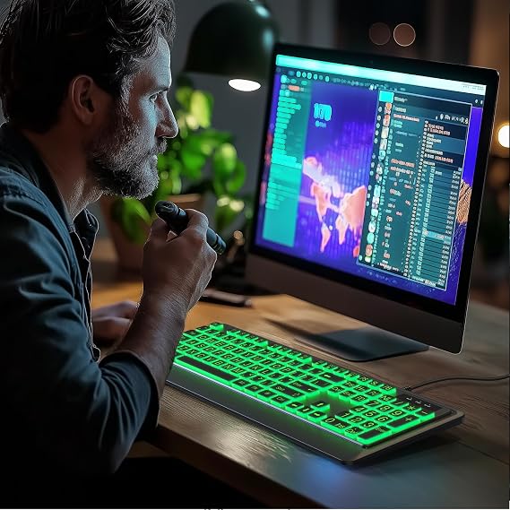 KOPJIPPOM Large Print Keyboard - 7 Interchangeable Backlight Colors, Light Up USB Wired Computer Keyboards, USB Plug-and-Play, Foldable Stands, Corded Full Size Keyboard for Windows, PC, Laptop