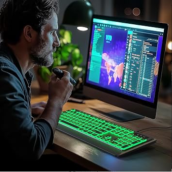 KOPJIPPOM Large Print Keyboard - 7 Interchangeable Backlight Colors, Light Up USB Wired Computer Keyboards, USB Plug-and-Play, Foldable Stands, Corded Full Size Keyboard for Windows, PC, Laptop