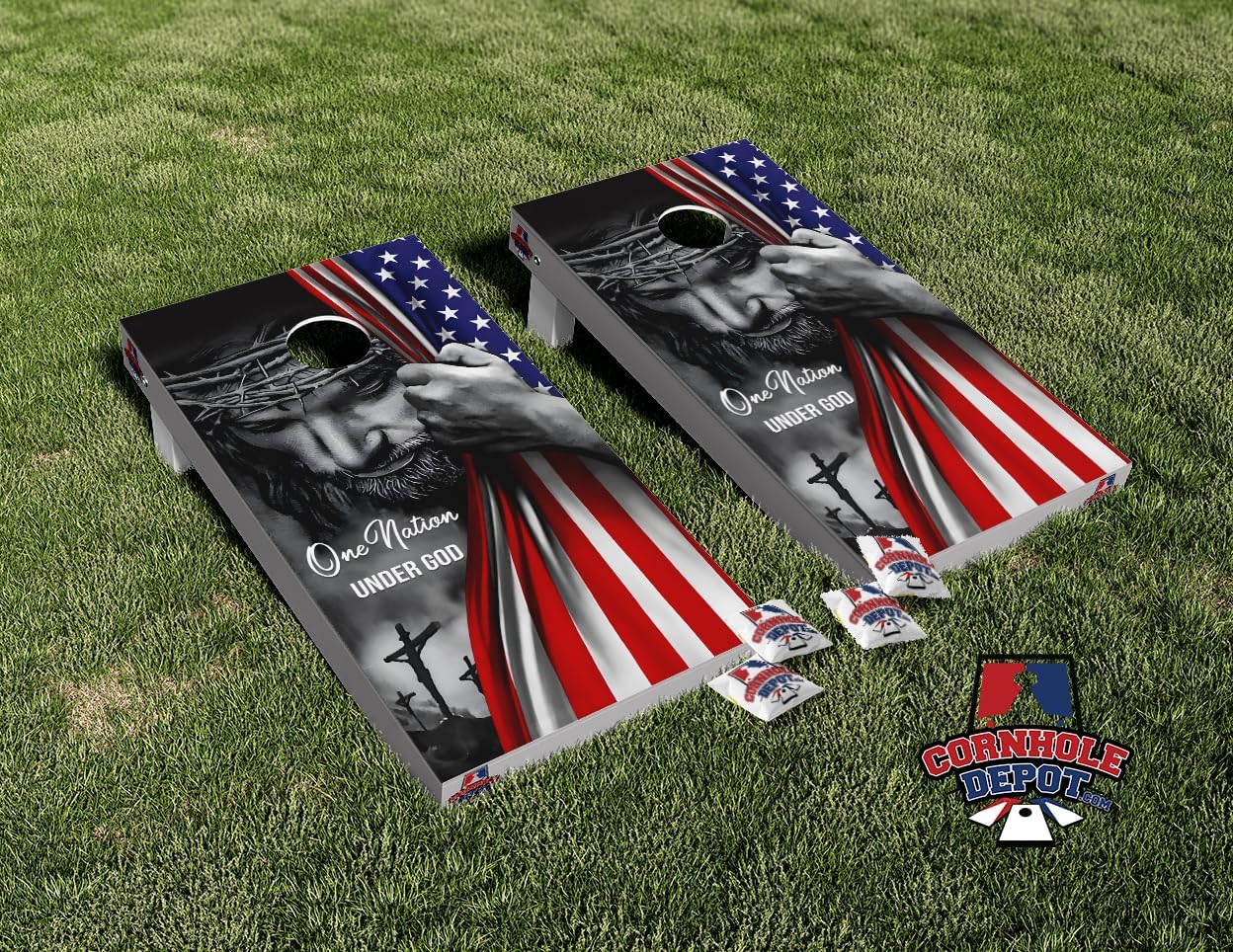 One Nation Under God Christian Jesus American Flag Cornhole Board Vinyl Wrap Skins Laminated Sticker Set Decal