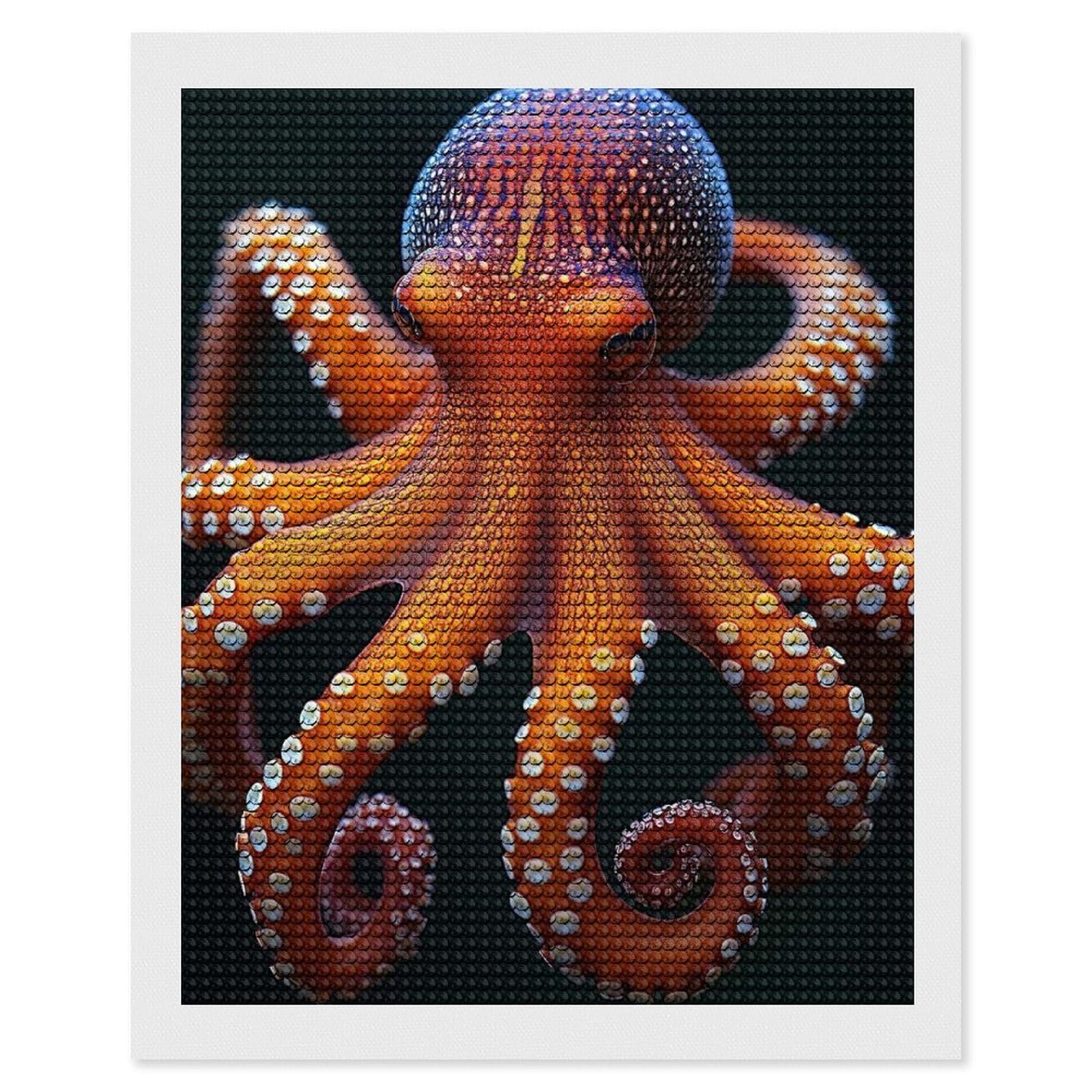 Junmoney Detailed Orange Octopus Portrait DIY Diamond Art Canvas Kit 16"x20", Decorate Your Room, Sparkling Round Gems, Fun Craft Experience, Farmhouse Decor