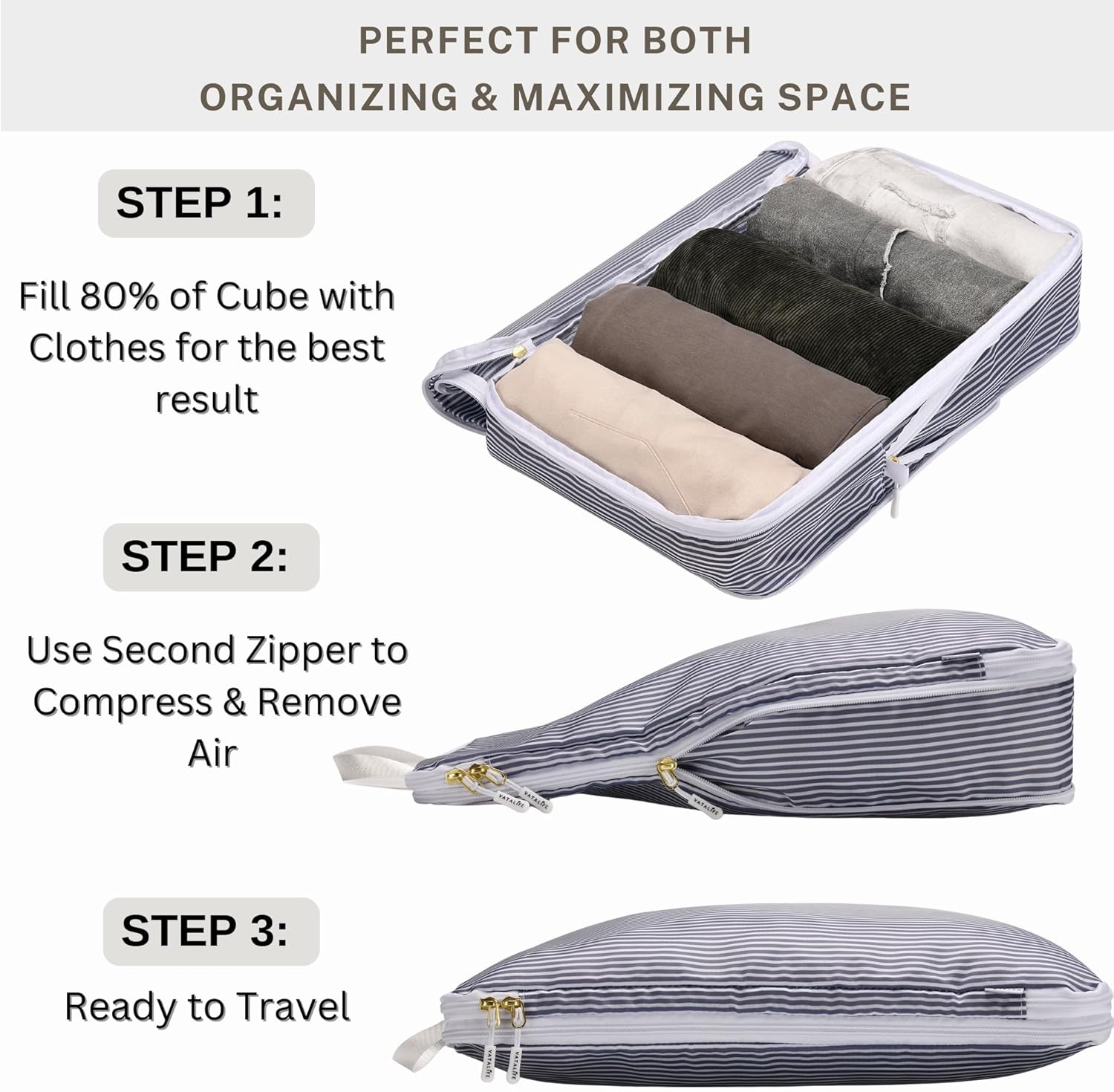 Extra Large Compression Packing Cubes for Checked Luggage, Lightweight Suitcase Organizers & Space Saver Bags - Travel Cubes for Packing - Travel Essentials - 2 Piece Set, X-Large - Grey Stripe