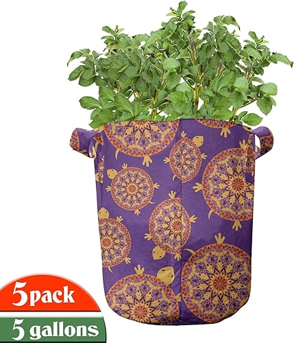 Miniatura 10 de Lunarable Paquete de 5 bolsas de cultivo de jardín, pétalos de hojas de hierbas, macetas de tela resistentes con asas para plantas, color morado y