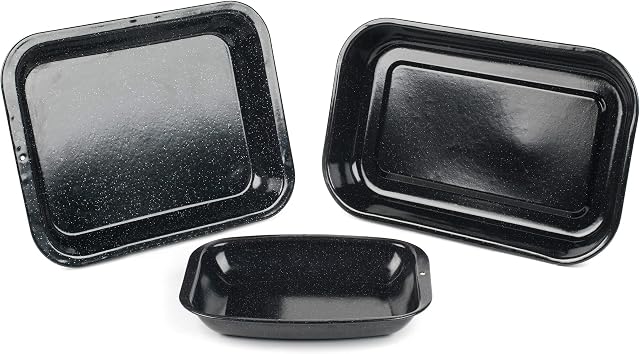 Russell Hobbs CW20701 Romano 3-Piece Vitreous Enamel 36/38 cm Roaster and 26 cm Chop Tray Set, Easy-Clean Roasting Tin/Trays, Oven Safe Up To 230°C, Carbon Steel, Black