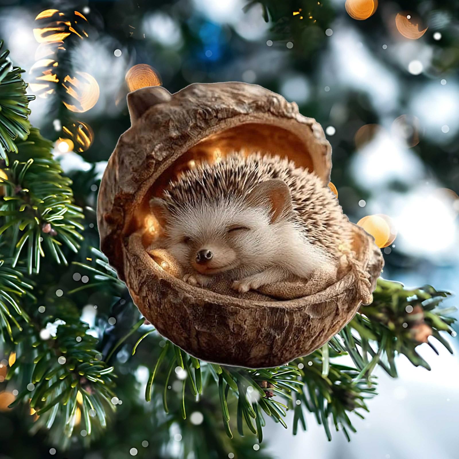 3D Forest Animal Acorn Ornaments, Cozy Forest Christmas Ornaments, Lovely Sleeping Animal Resin Christmas Hanging Trees Decorations for AnimalLovers (Hedgehog)