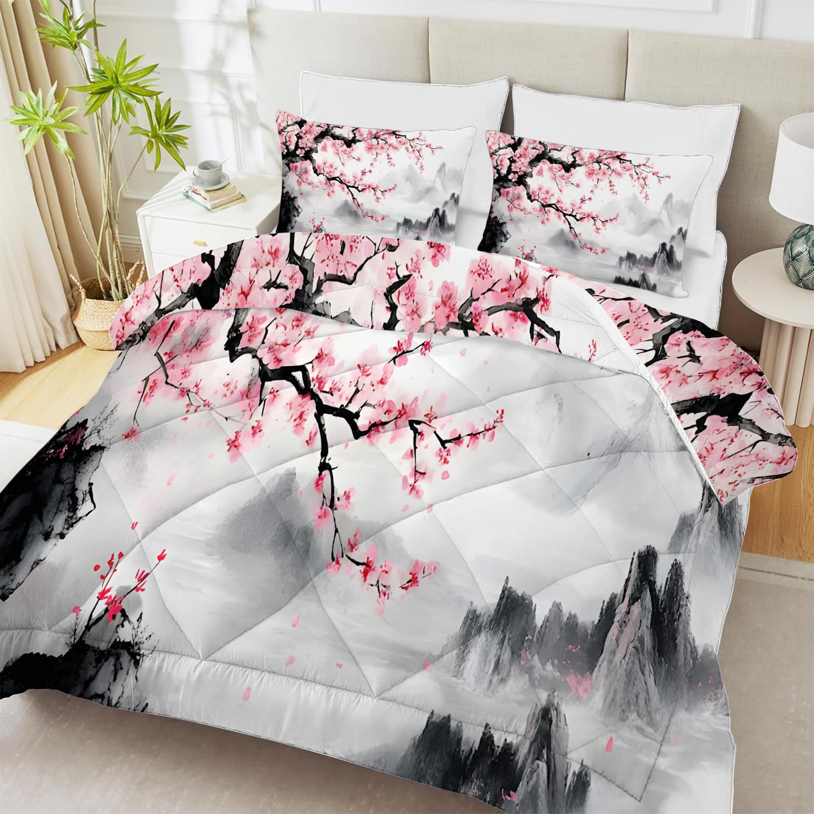 PNHCL Flores Edredon Estampado 4 Estaciones, Pintura con Tinta Edredón Relleno Nórdico Cama 105/135, JaponéS Edredones Reversible 200x200 cm para Decoracion Dormitorio, Rosa Gris