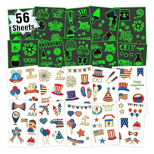 Partywind 56 hojas (355 estilos) decoraciones del 4 de julio, tatuajes temporales, suministros luminosos para fiesta del 4 de julio, accesorios de