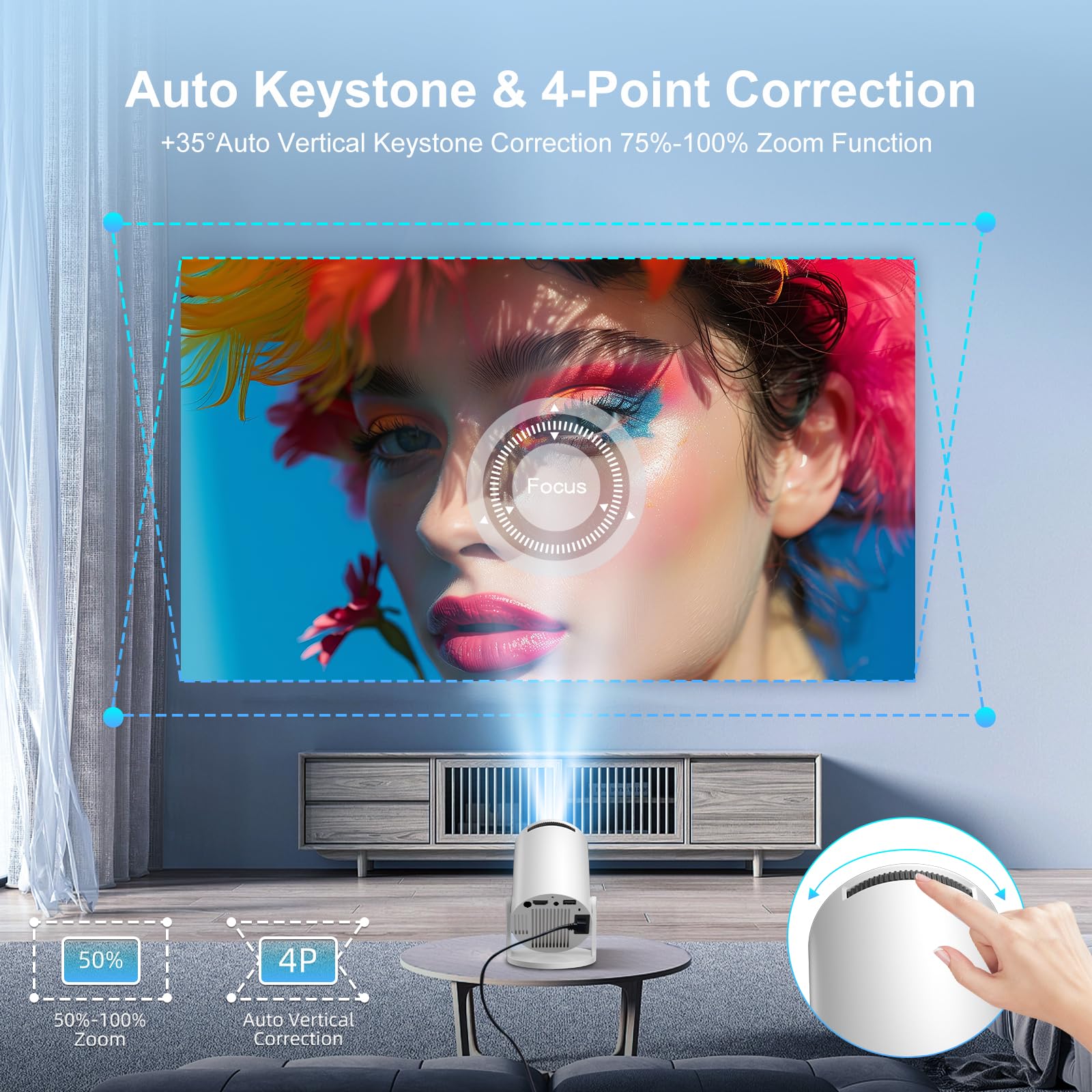 Salange Mini Proyector 4K, Proyector Portátil Inteligente Android 14 WiFi 6 Bluetooth 5.4, Corrección Trapezoidal Automática, 8000L, Rotación 270°, Interior y Exterior, Blanco