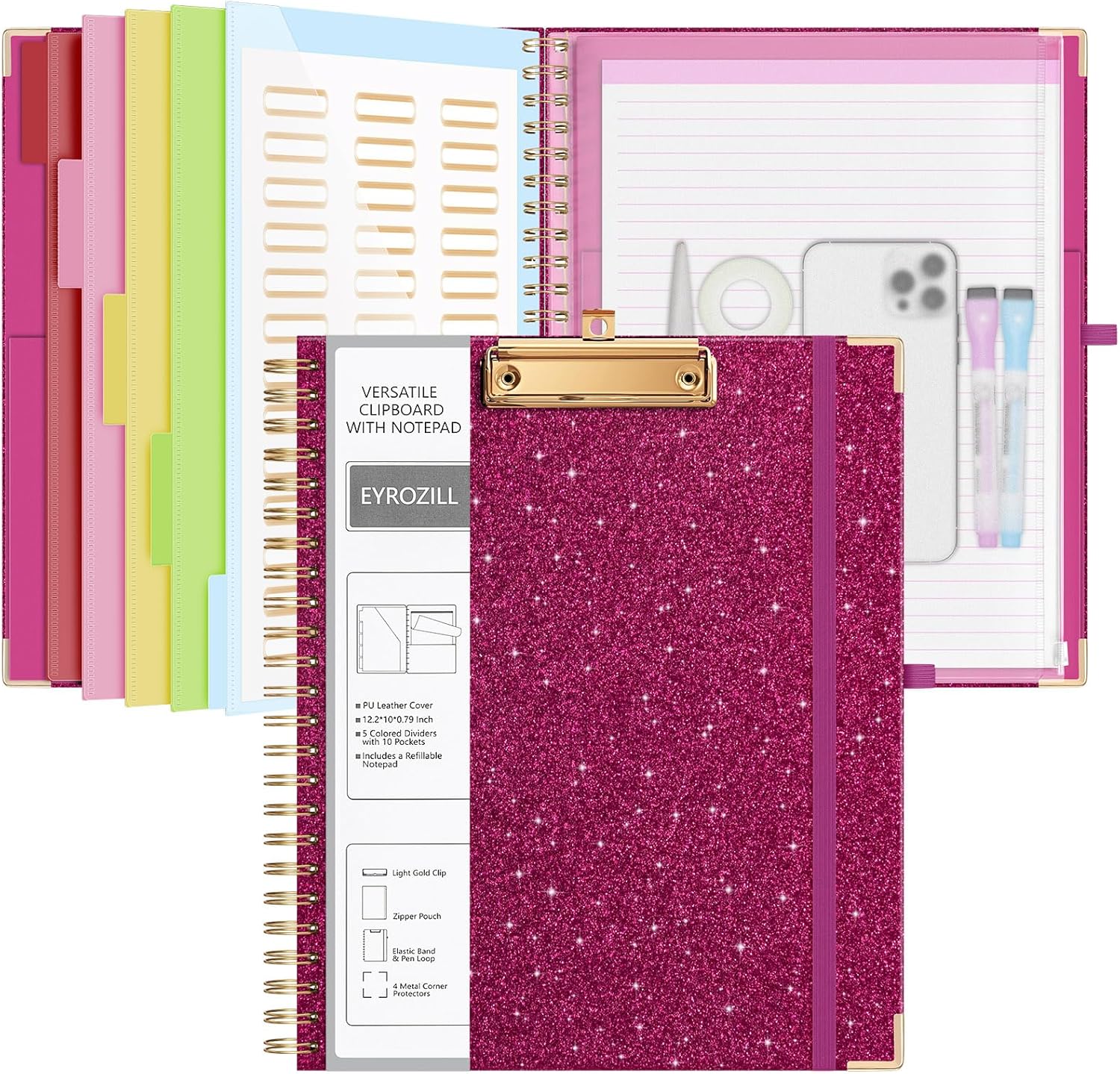 EYROZILL Clipboard Folio with Storage Pocket Organizer Folder Refillable Lined Notepad Spiral Clipboards, Rose red