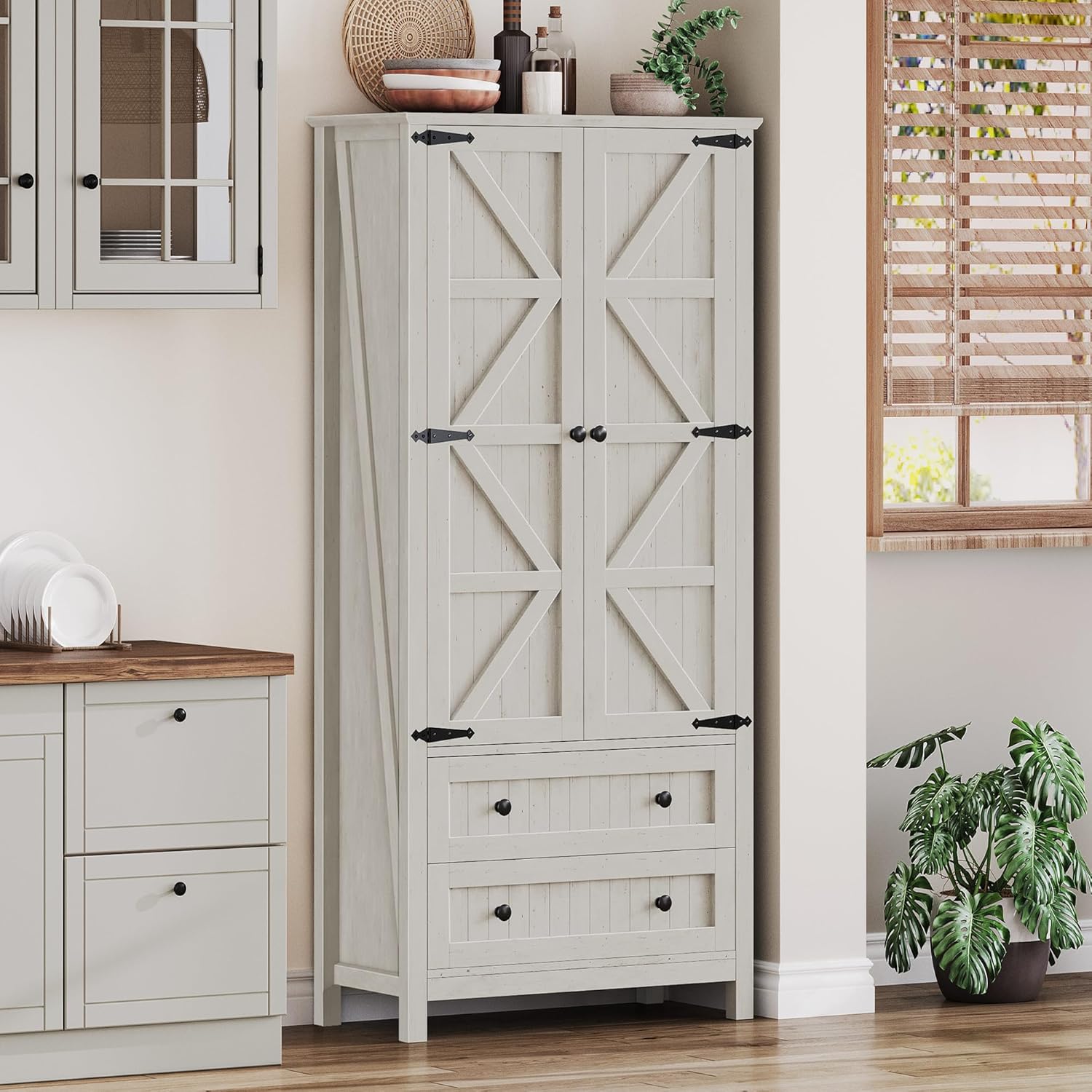 DWVO 64.5" H Kitchen Pantry Cabinet, Storage Cabinet with Barn Doors, 2 Drawers and Adjustable Shelves, Farmhouse Cupboard for Dining Room, Living Room, Bathroom, Off White
