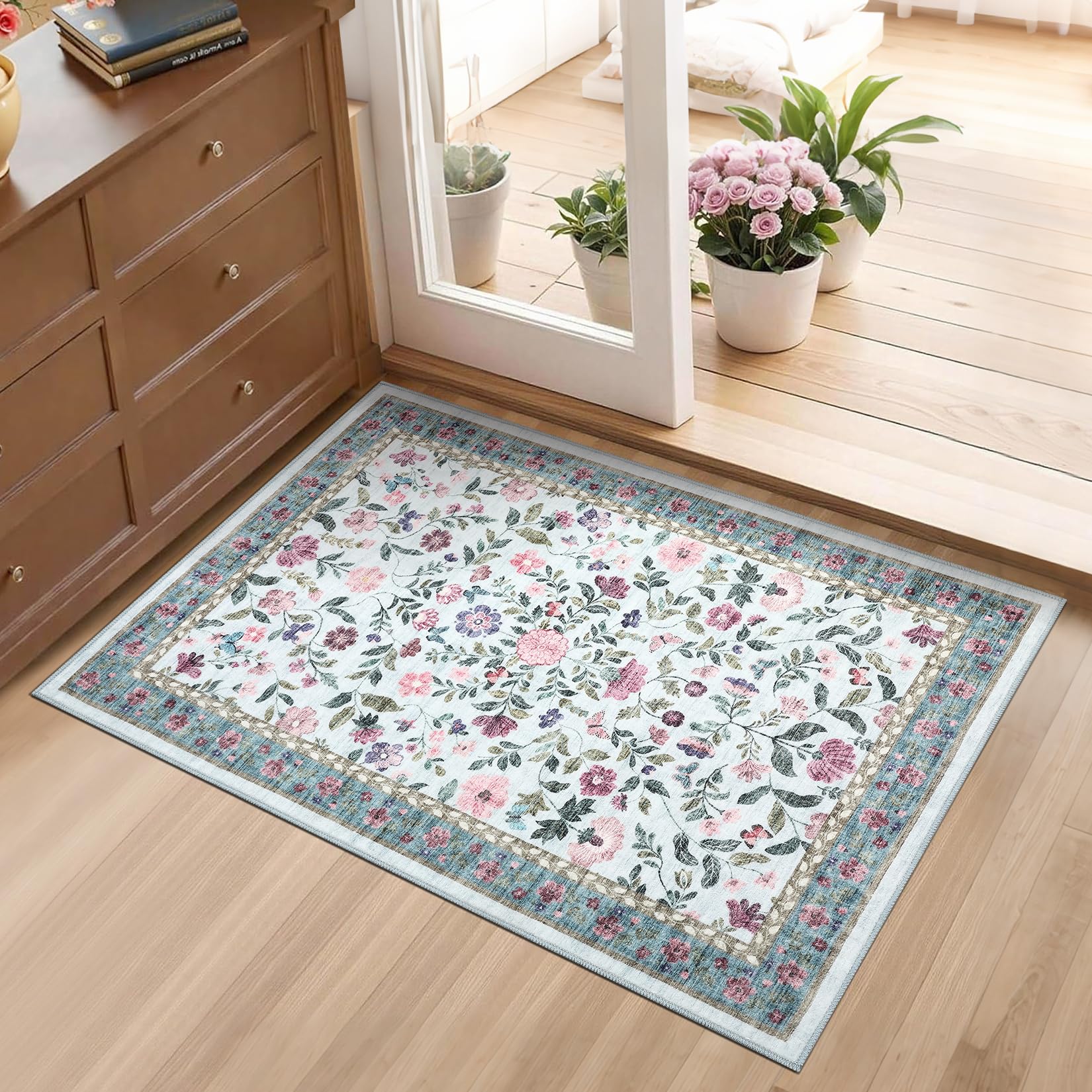 Floral Door Mat 60x100 cm for Entryway, Washable Bedside Rugs, Farmhouse Area Rugs for Kitchen, Foldable Soft Carpet, Non-Slip Indoor Floor Mat for Hallway, Blue — image 1