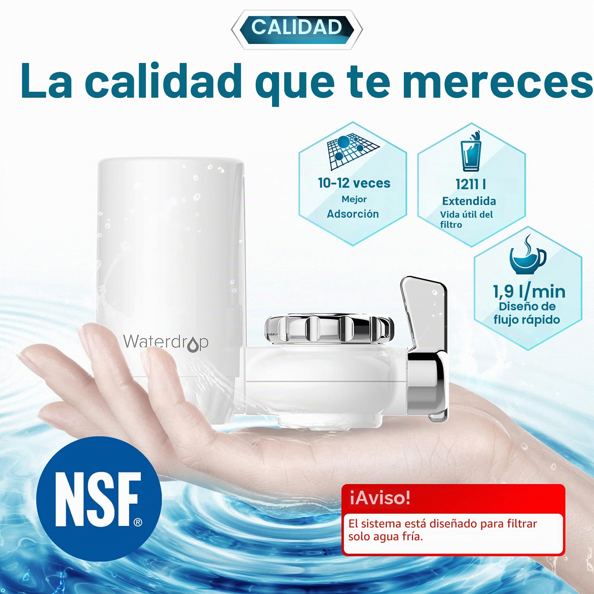 Waterdrop WD-FC-04 NSF Certificada Filtro de Agua Para Grifo con Material Ultra Adsortivo, Elimina Cloro, Plomo, Harina y Más, Compatible con Grifos Estándar (1 Filtro Incluido)