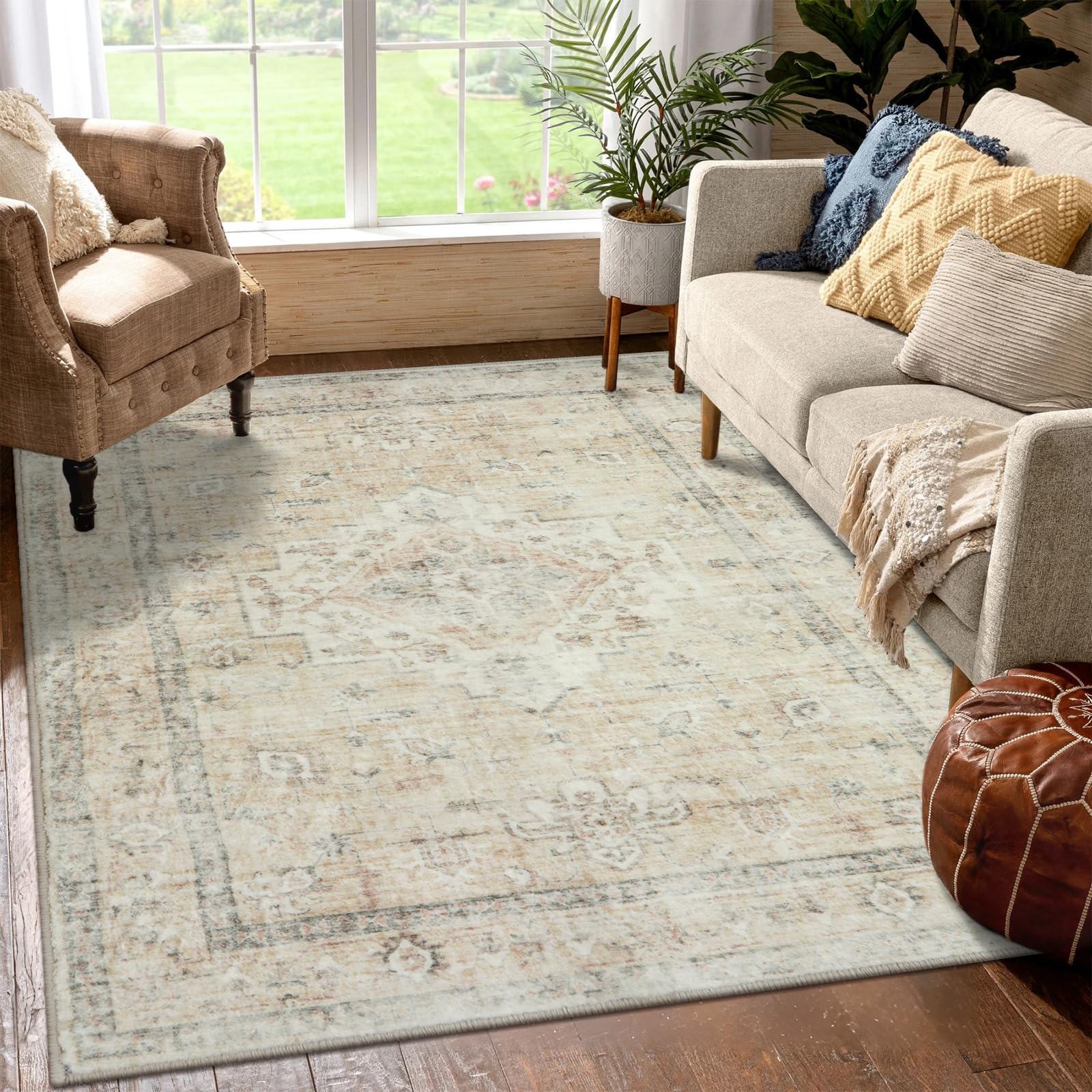 LIVEBOX Washable Area Rug 5x7 - Large Boho Living Room Rug Vintage Indoor Rug for Bedroom,Low-Pile Retro Carpet Print Distressed Accent Rug for Nursery Entryway Office, Beige