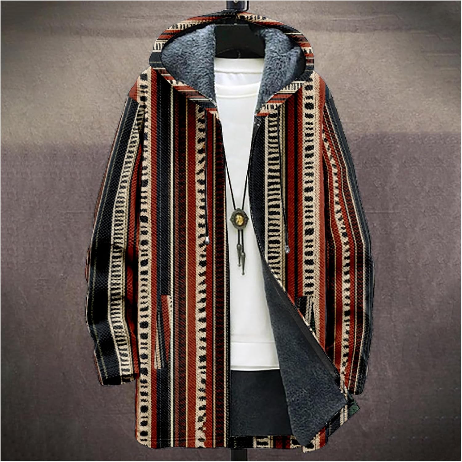 Aztec Ethnic Stripe Jackets For Men Cardigan Fleece Lined Zip Up Big And Tall Warm Cool Vintage Long Hoodies - Image 2